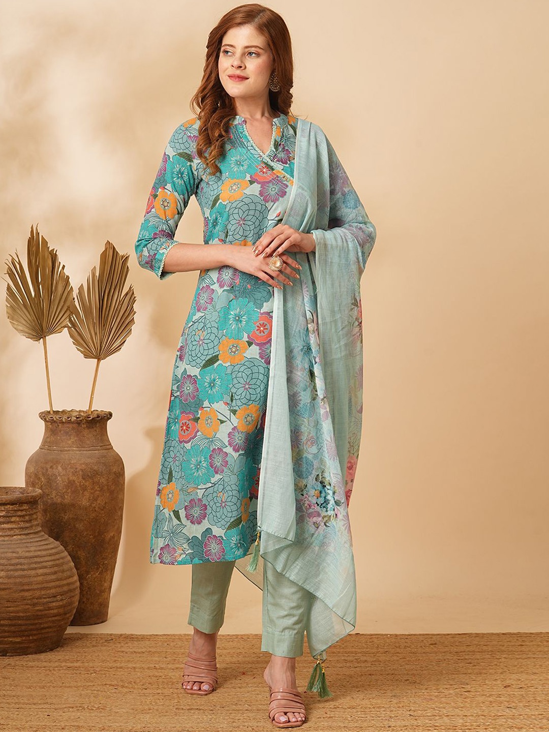 

FASHOR Printed Sequinned Pure Cotton A-Line Kurta with Trousers & Dupatta, Green