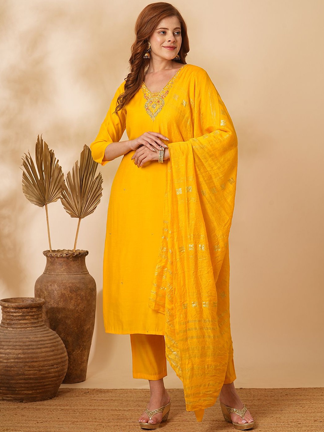 

FASHOR Floral Embroidered V-Neck Chanderi Silk Straight Kurta With Trousers & Dupatta, Yellow