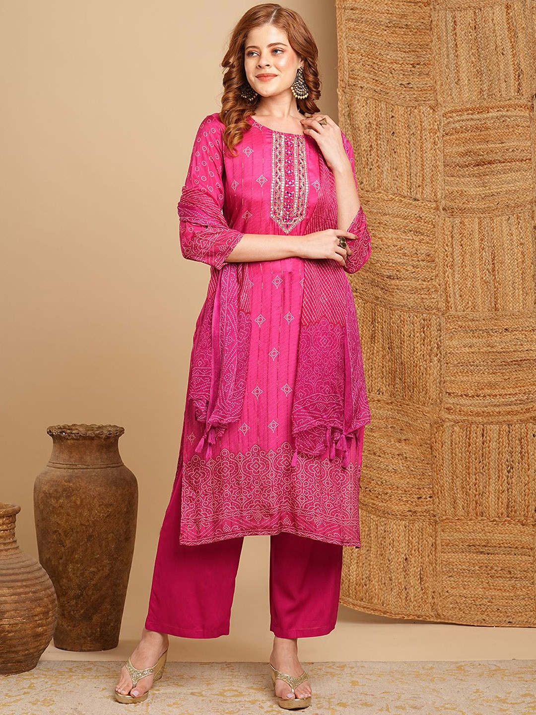 

FASHOR Bandhani Printed Mirror Work Straight Kurta With Trousers & Dupatta, Magenta