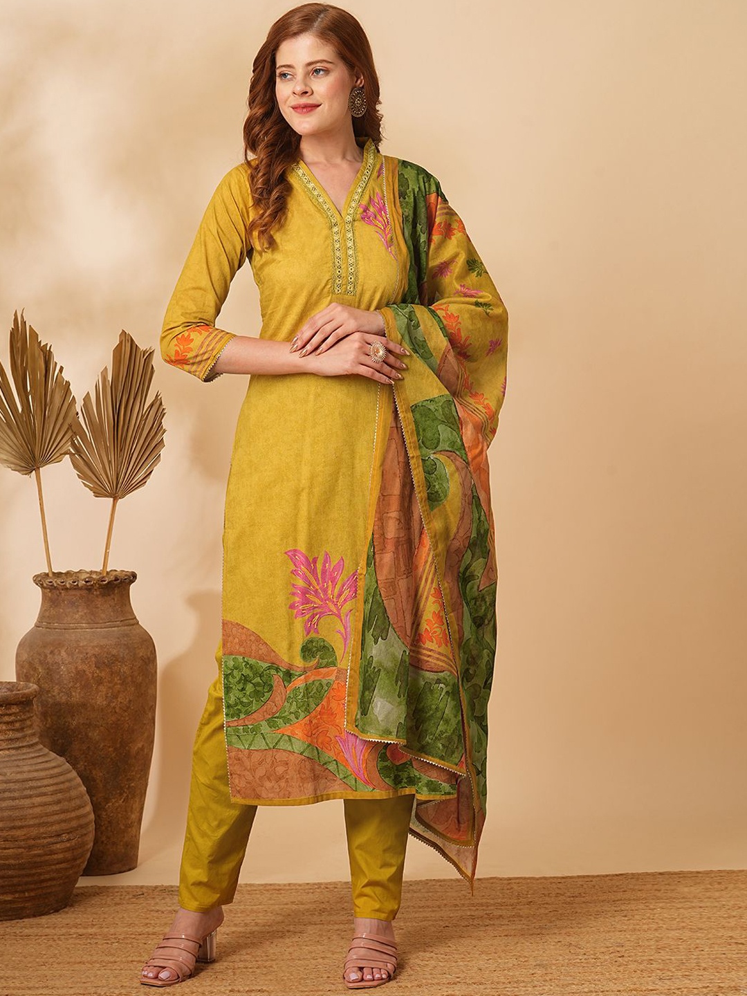 

FASHOR Mustard Printed V-Neck Beads and Stones Pure Cotton Kurta with Trousers & Dupatta