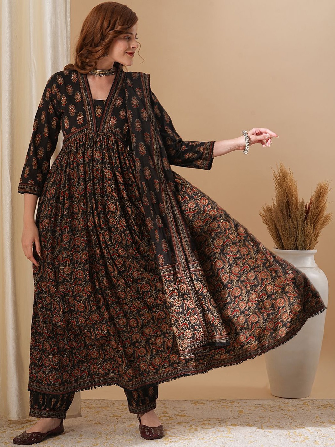

FASHOR Printed Sequinned Pure Cotton Pleated Kurta with Trousers & Dupatta, Black