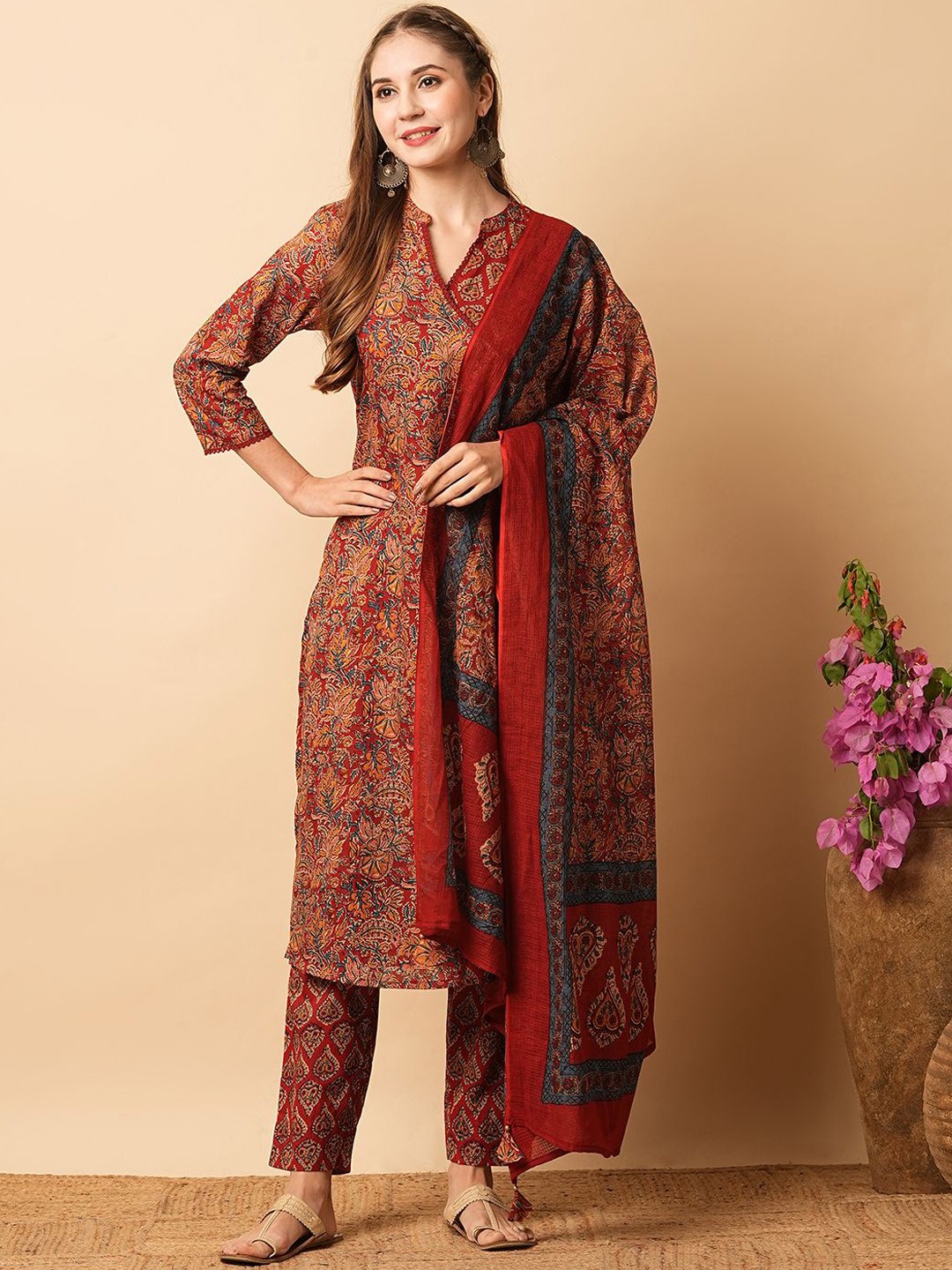 

FASHOR Ethnic Motifs Printed Straight Pure Cotton Kurta with Trousers & Dupatta, Brown