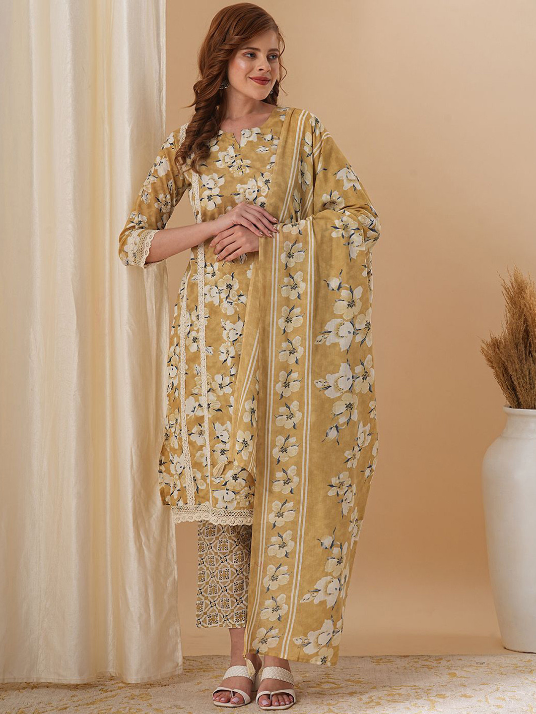 

FASHOR Floral Printed Regular Pure Cotton Straight Kurta With Trousers & Dupatta, Mustard
