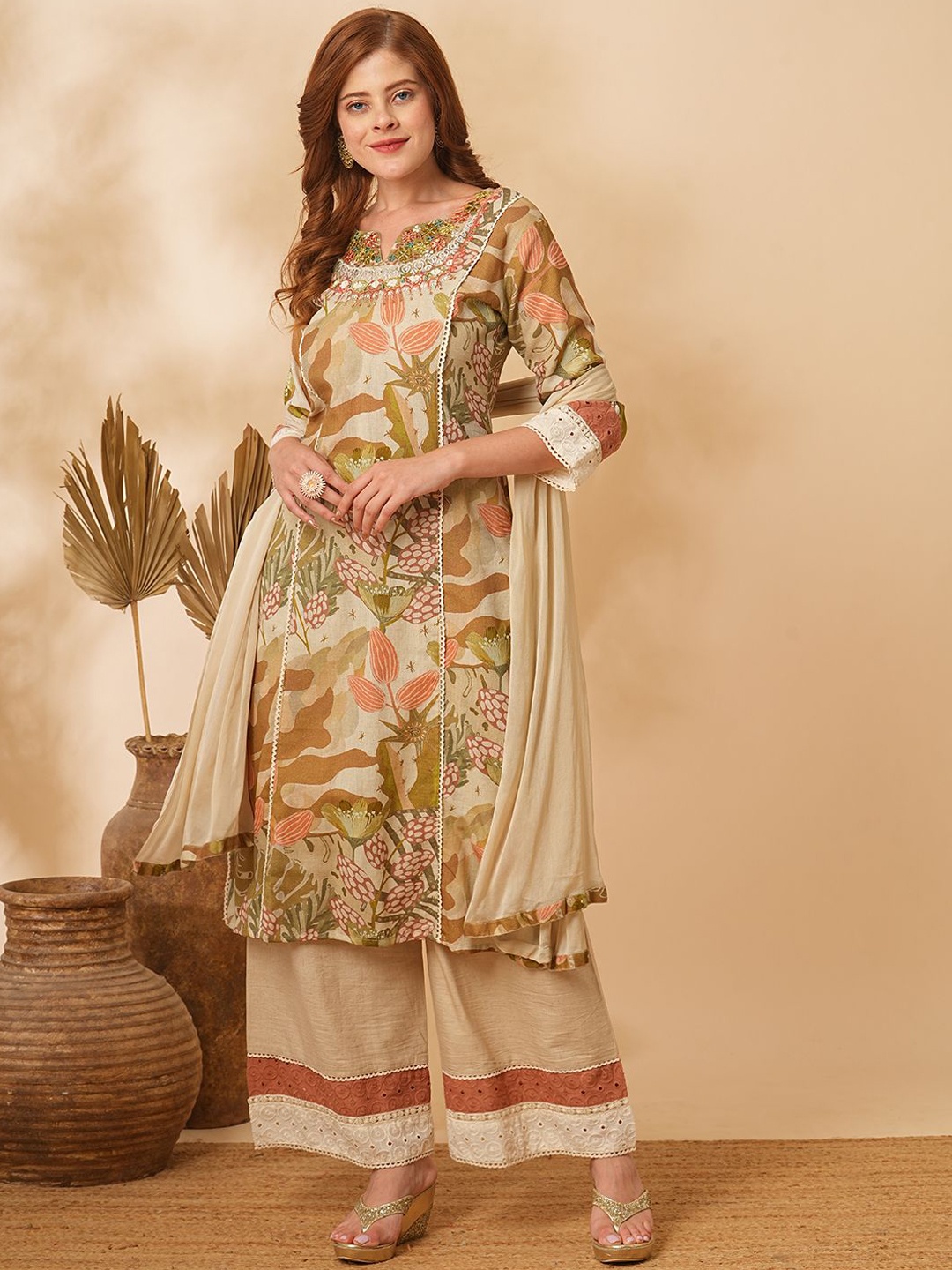 

FASHOR Printed Gotta Patti Pure Cotton Panelled Straight Kurta With Palazzos & Dupatta, Taupe