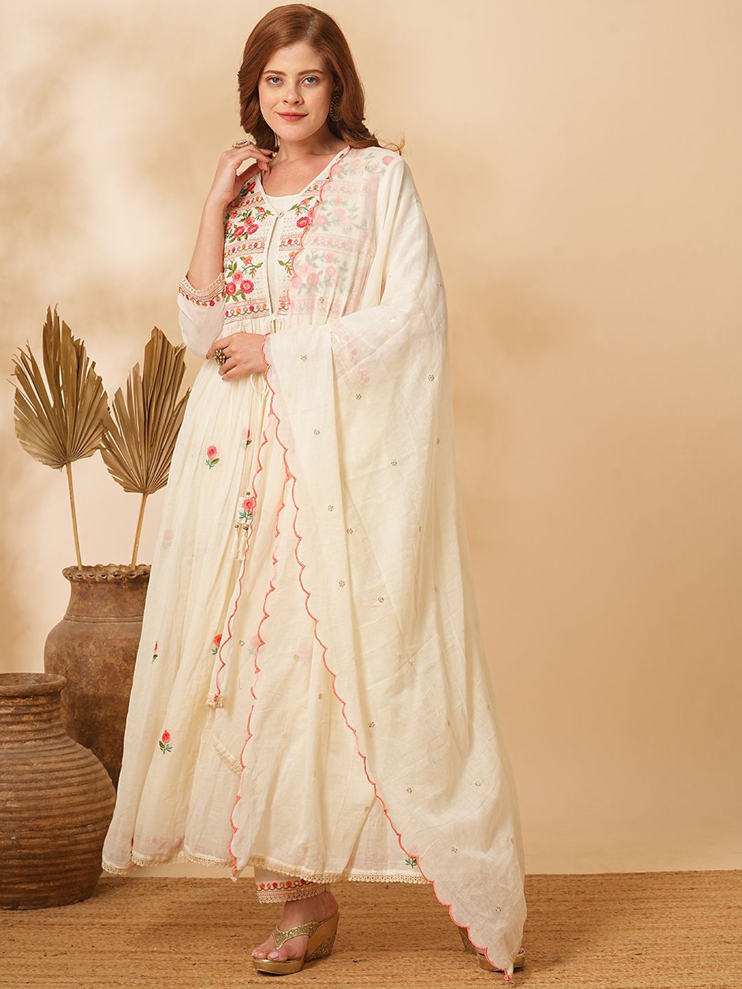 

FASHOR Floral Embroidered Pleated Pure Cotton Anarkali Kurta With Trousers & Dupatta, Off white