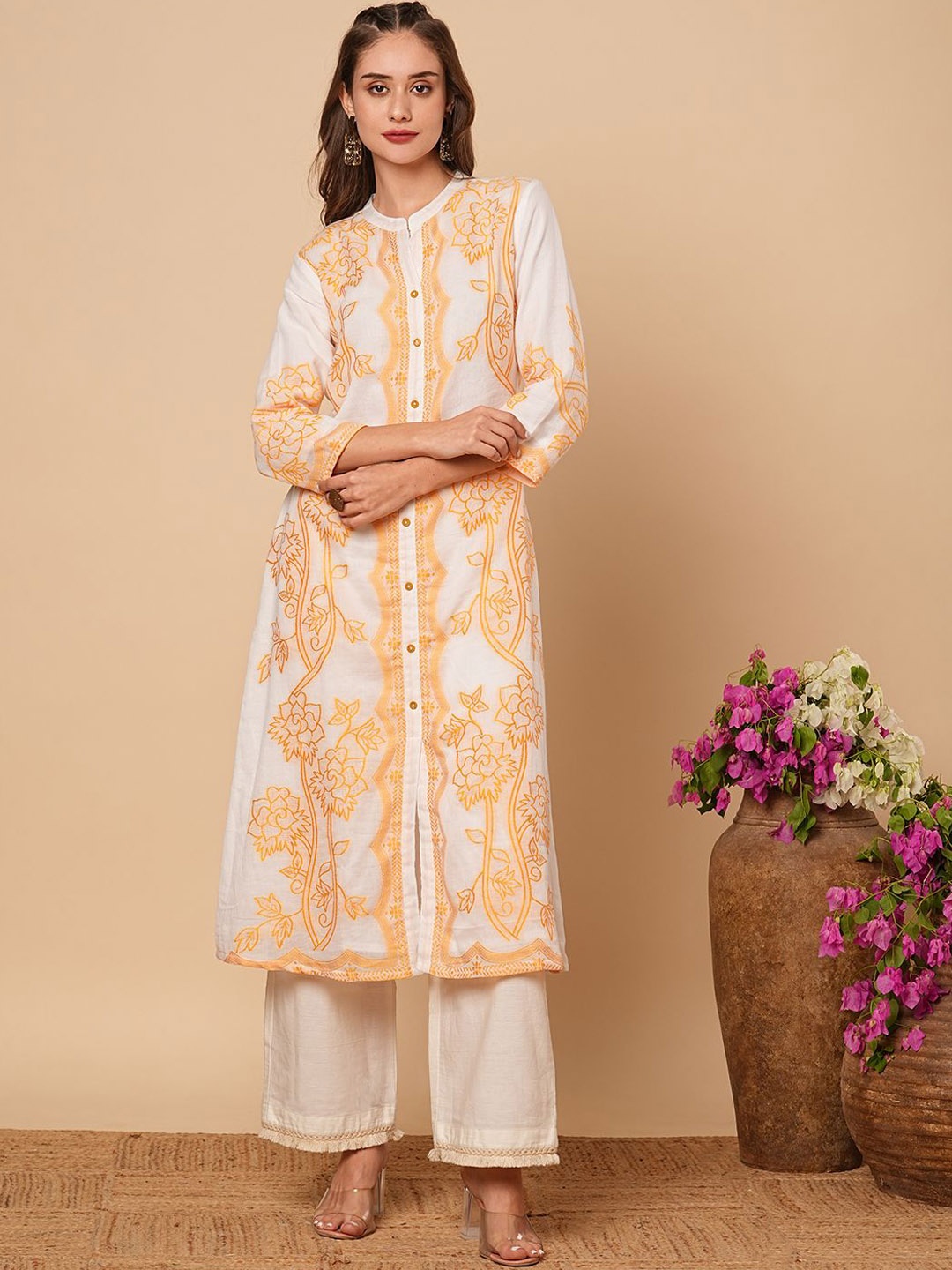 

FASHOR Floral Mandarin Collar Pure Cotton Kurta with Trousers, White