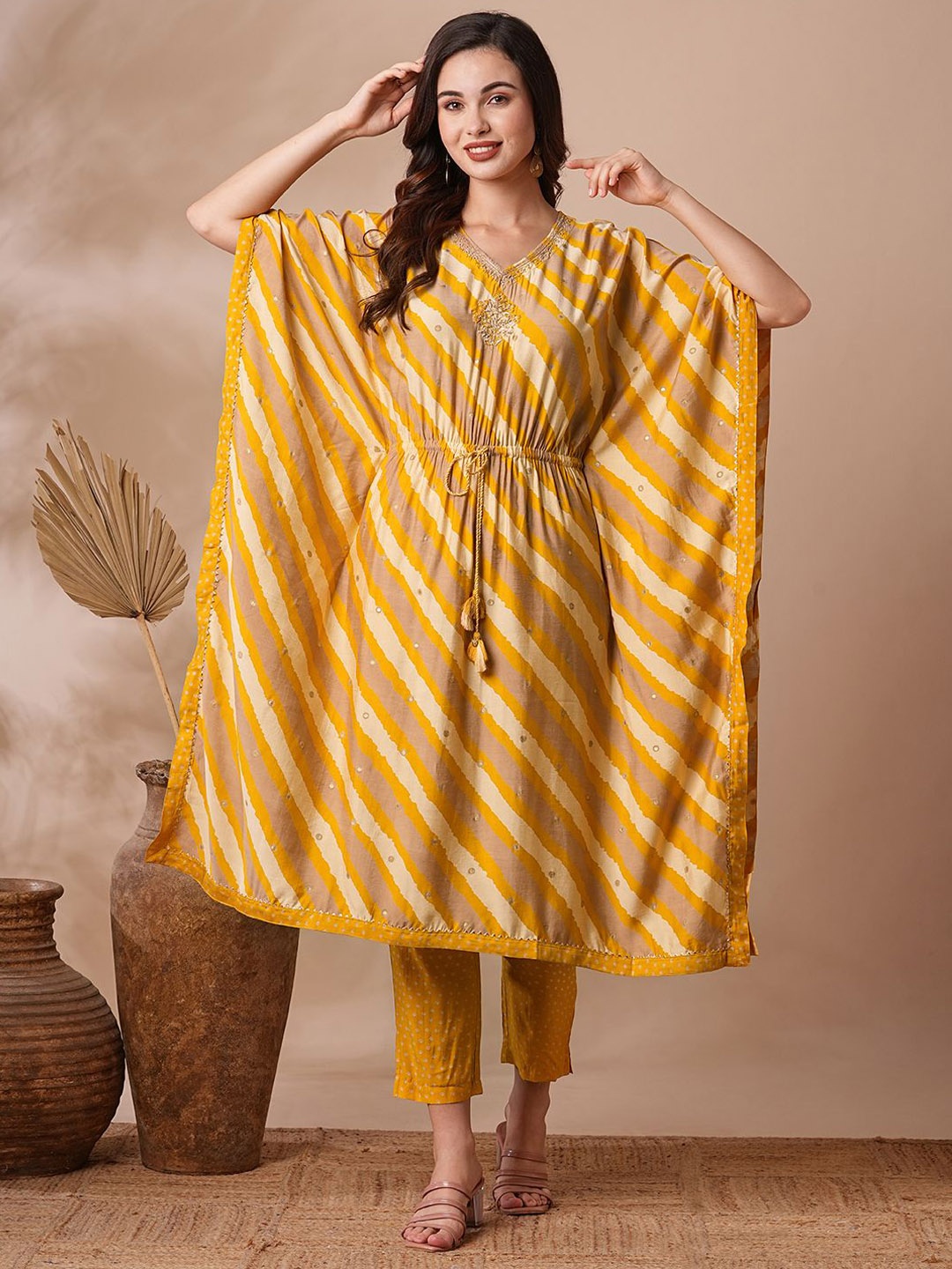 

FASHOR Leheriya Printed Kaftan Thread Work Kurta with Trousers, Yellow