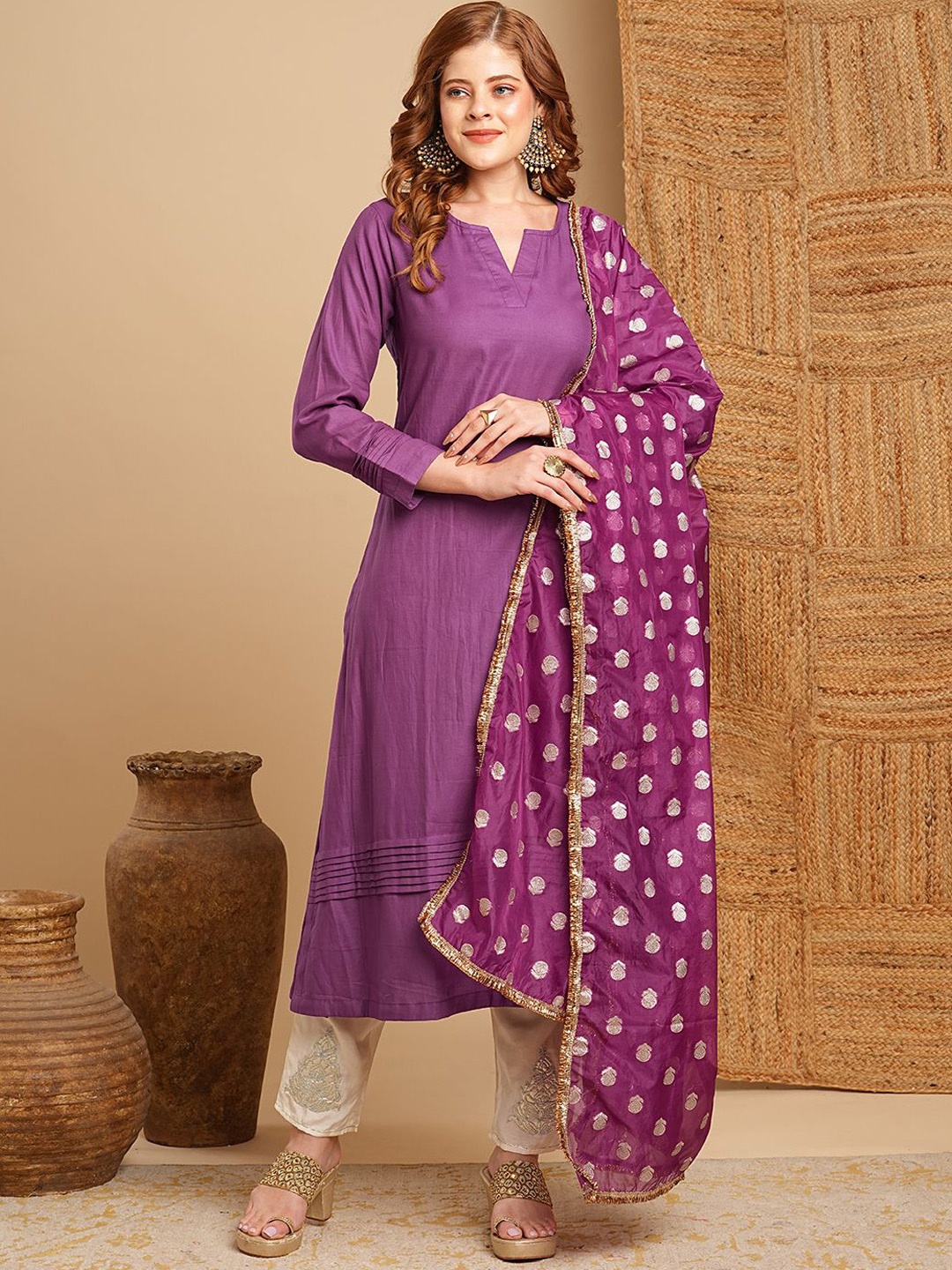 

FASHOR Notch Neck A-Line Kurta With Trousers & Dupatta, Purple