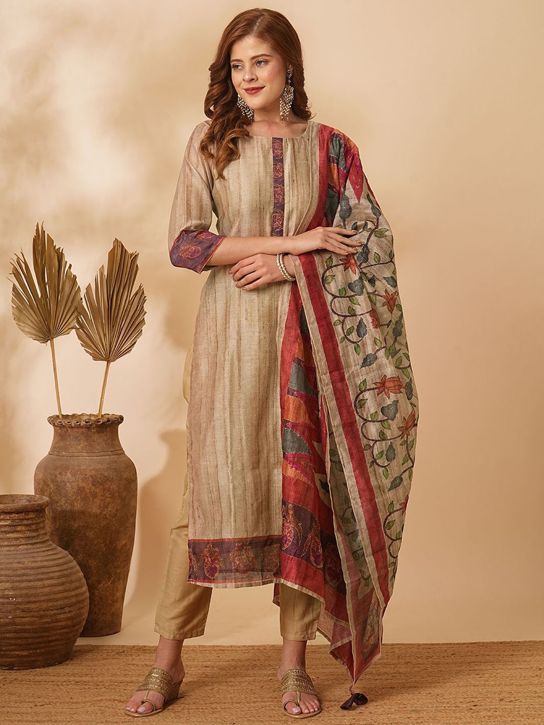 

FASHOR Striped Round Neck Zari Straight Kurta With Trousers & Dupatta, Beige