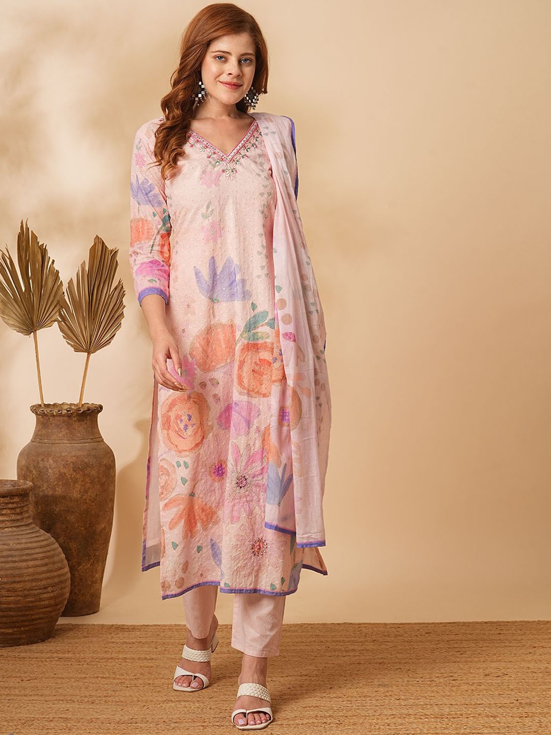

FASHOR Floral Printed Mirror Work Pure Cotton Straight Kurta With Trousers & Dupatta, Pink