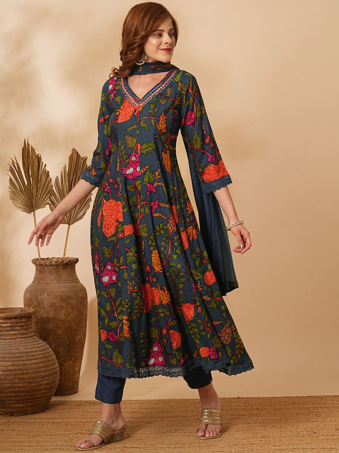 

FASHOR Floral Printed Panelled Mirror Work A-Line Kurta With Trousers & Dupatta, Sea green