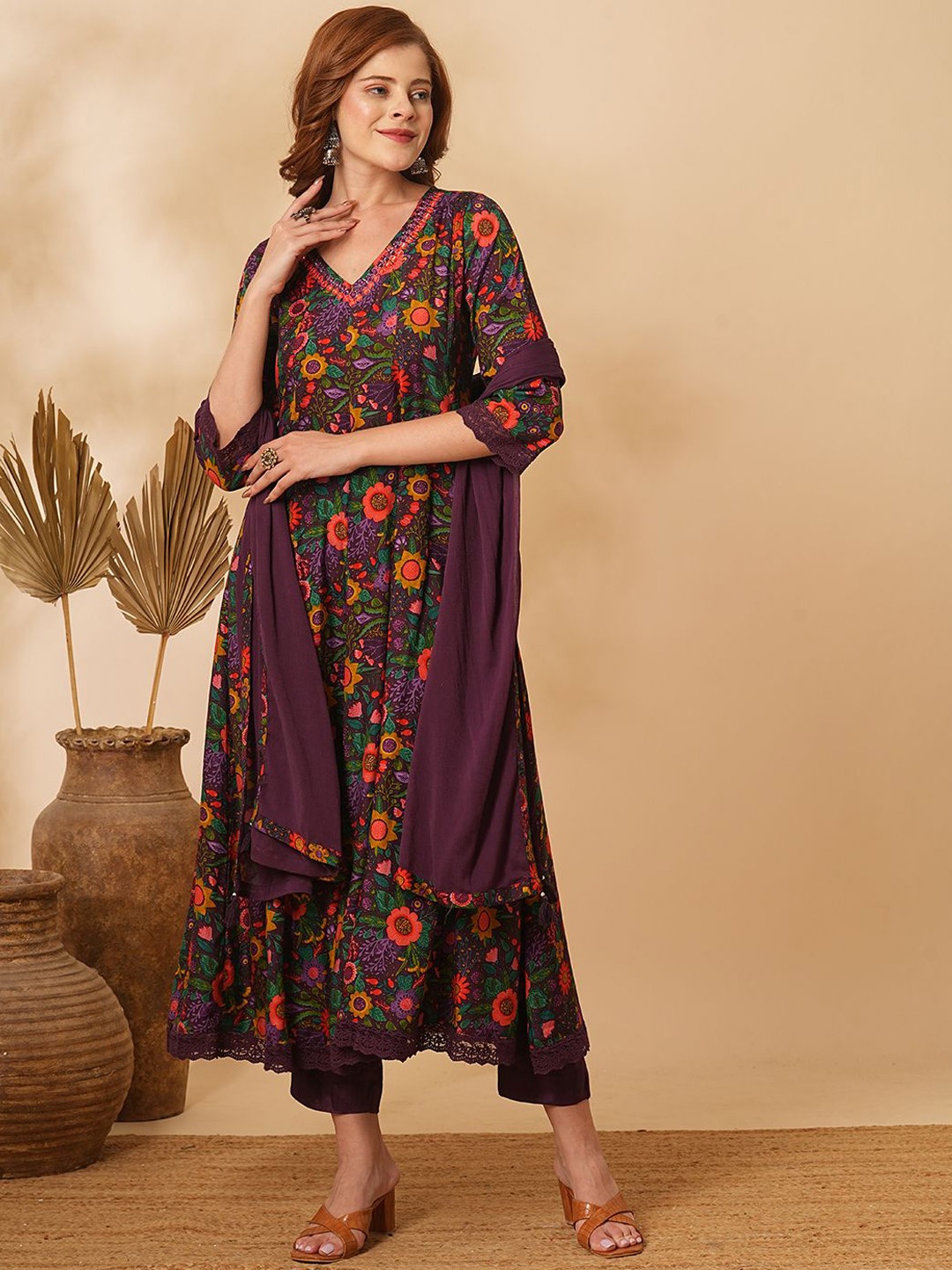 

FASHOR Floral Printed Mirror Work Panelled Anarkali Kurta with Trousers & Dupatta, Purple