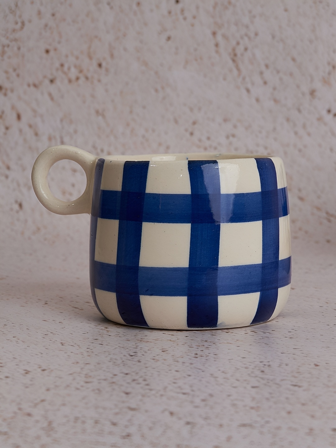 

NURTURE INDIA Blue & White Checked Printed Ceramic Glossy Mugs 450 ml