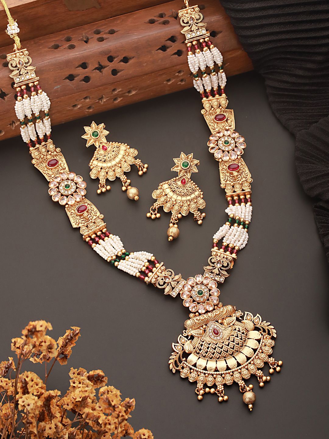 

Saraf RS Jewellery Gold Plated Stones Studded & Beaded Filigree Long Maala Jewellery Set