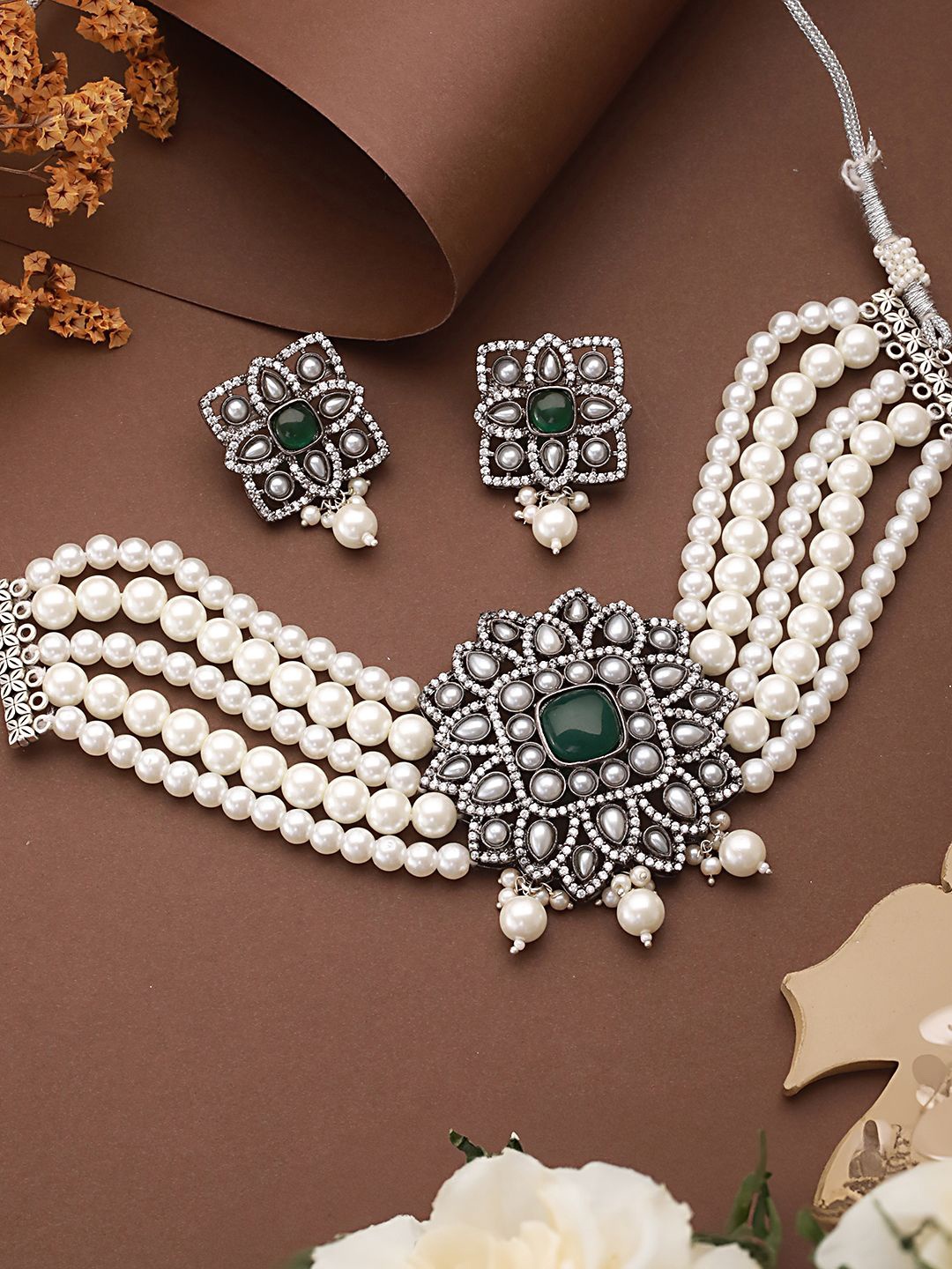 

Saraf RS Jewellery Silver Plated & American Diamond Studded Oxidised Jewellery Set