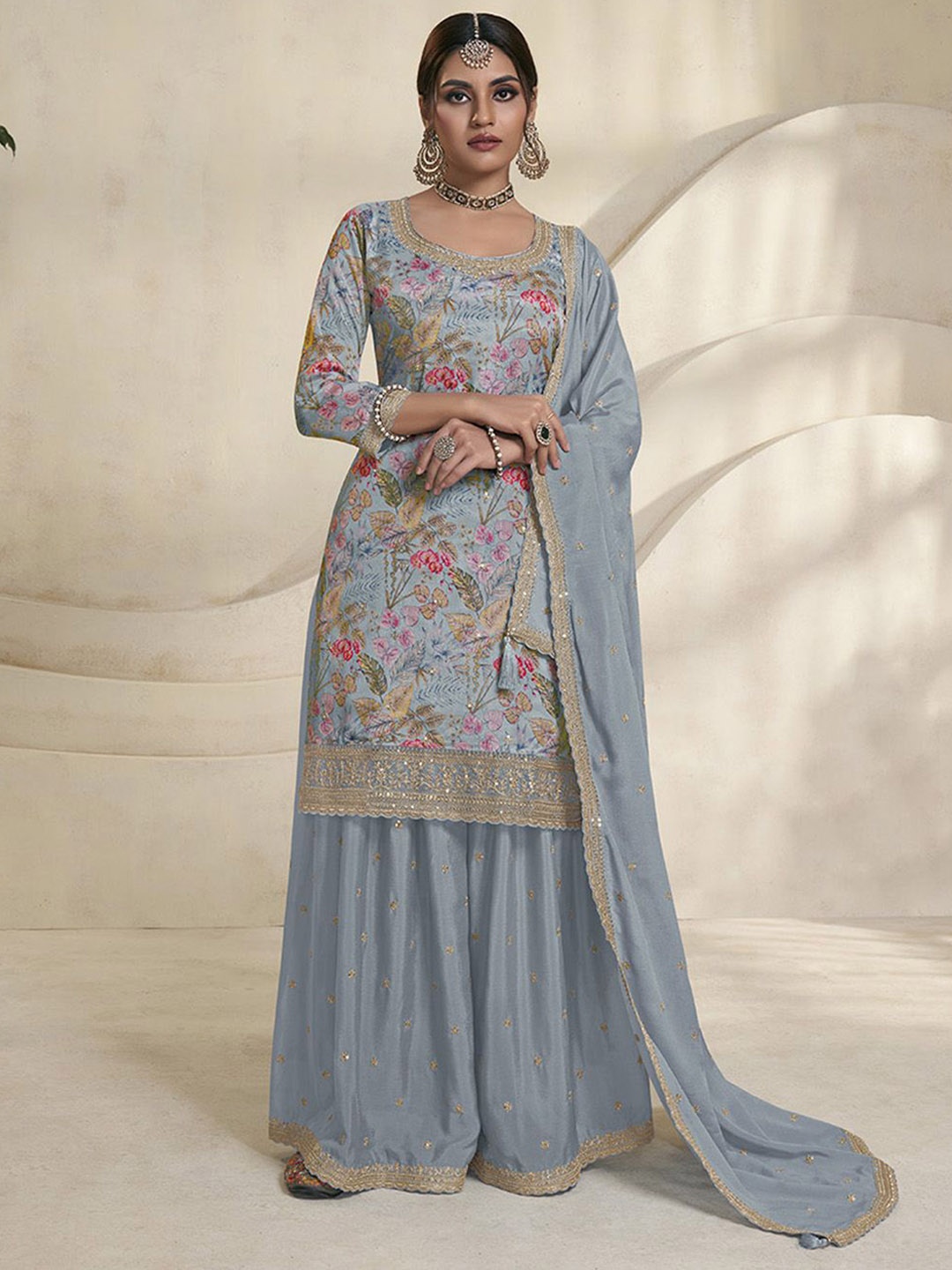 

Seerat Floral Printed Thread Work Straight Kurti With Sharara & Dupatta, Blue