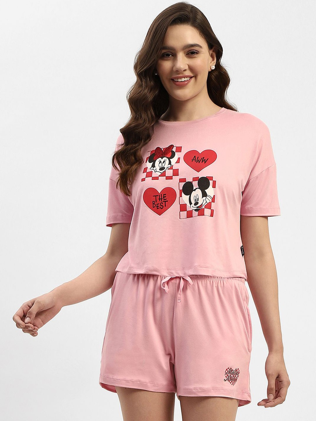 

MADAME M SECRET Cartoon Characters Printed Round Neck Pure Cotton Night suit, Pink