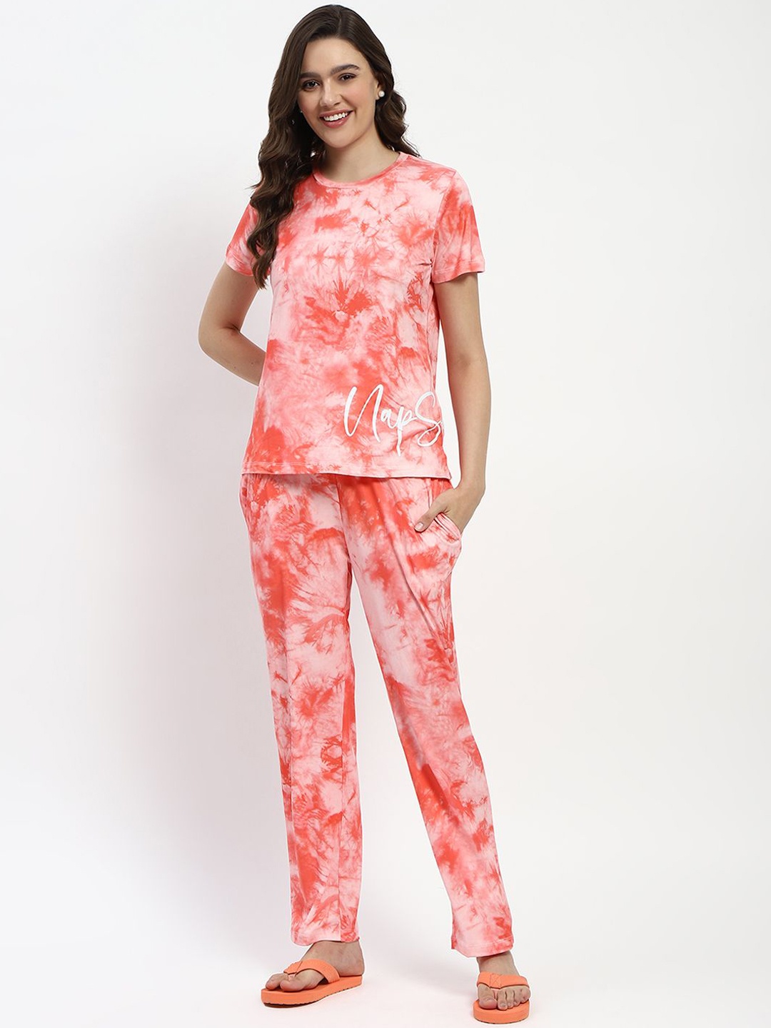

MADAME M SECRET Abstract Printed Round Neck Night suit, Coral