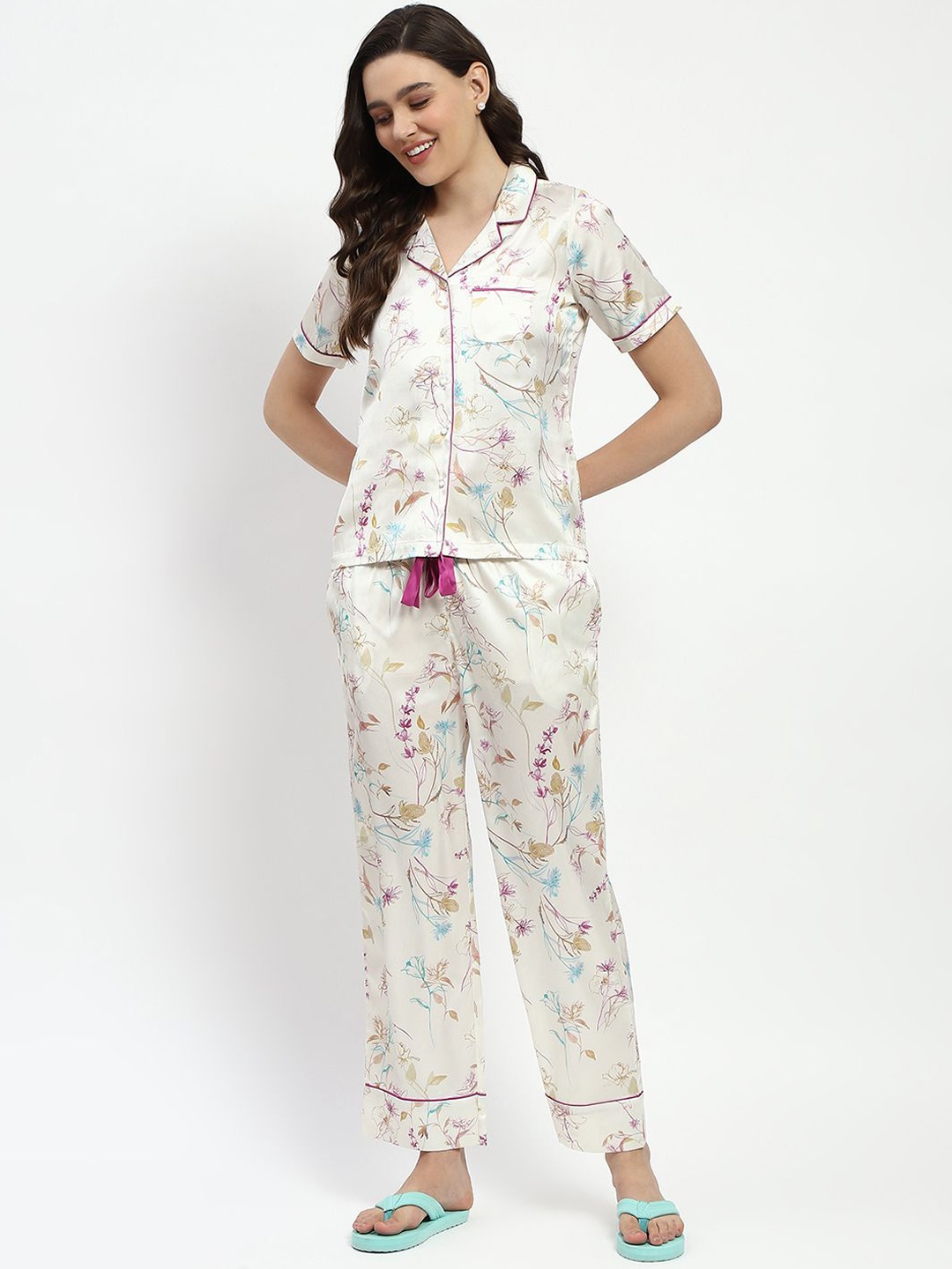 

MADAME M SECRET Floral Printed Cuban Collar Night suit, Off white