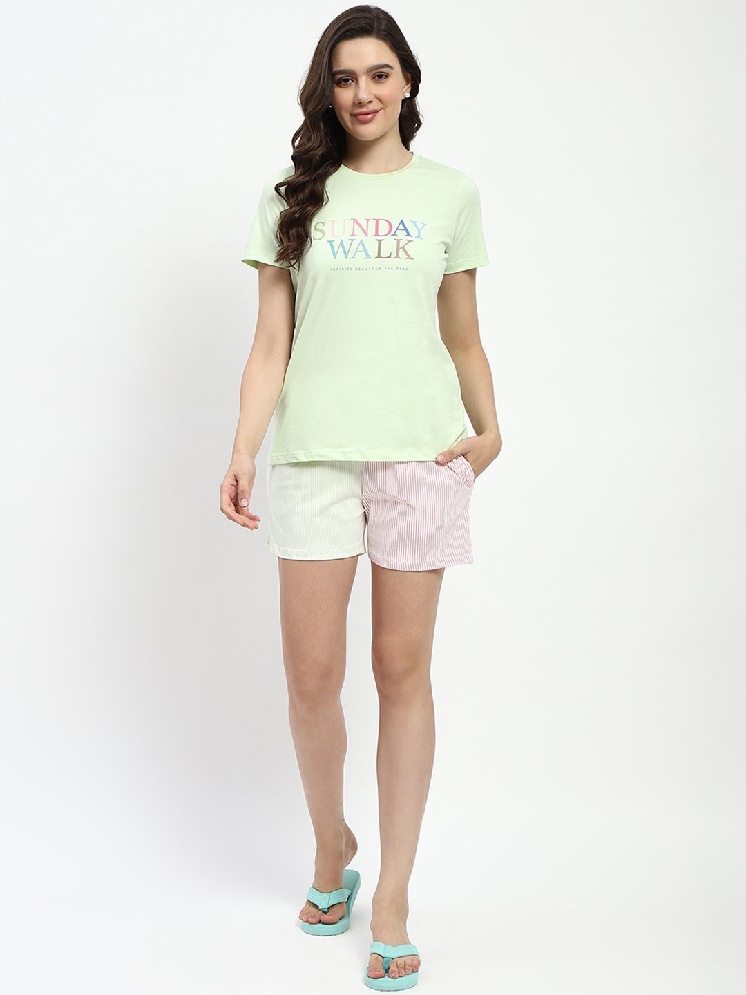 

MADAME M SECRET Typography Printed Round Neck Pure Cotton Night suit, Lime green