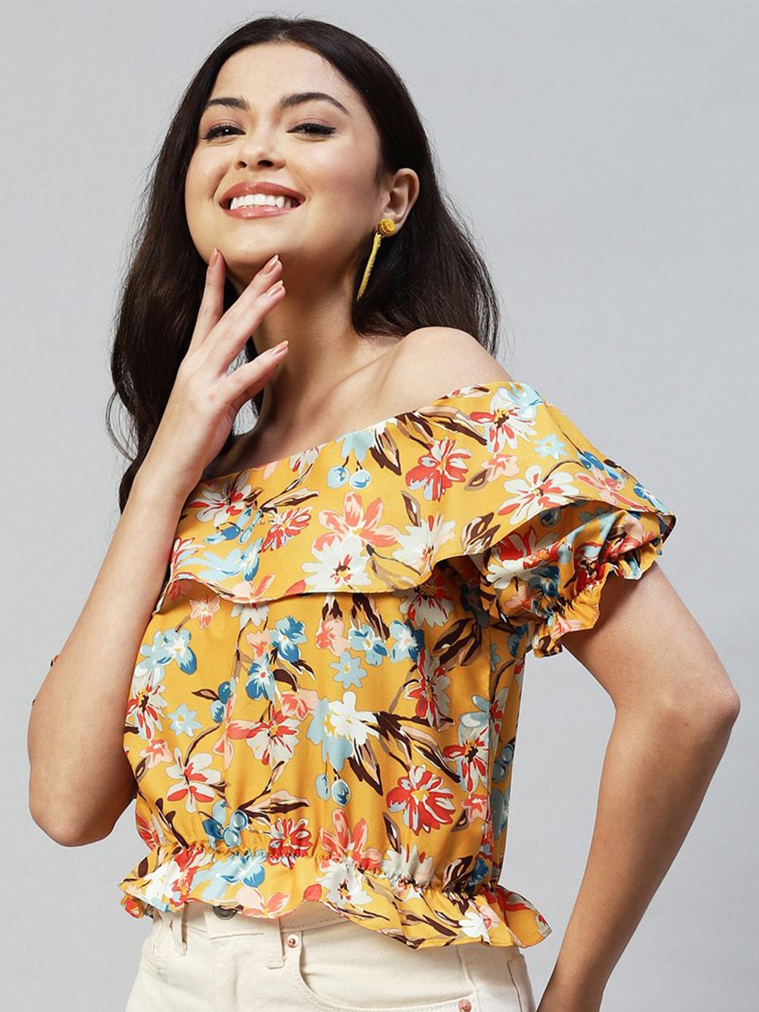 

Selvia Women Floral Print One Shoulder Flutter Sleeve Ruffles Crepe Crop Top, Yellow