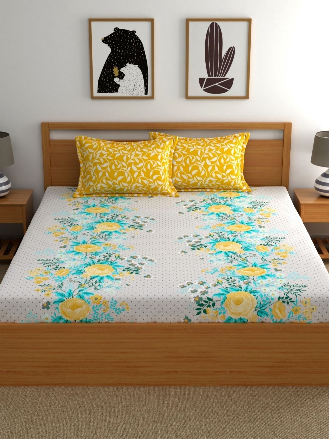 

Home Ecstasy Yellow & Blue Floral Fitted Cotton 140 TC King Bedsheet with 2 Pillow Covers