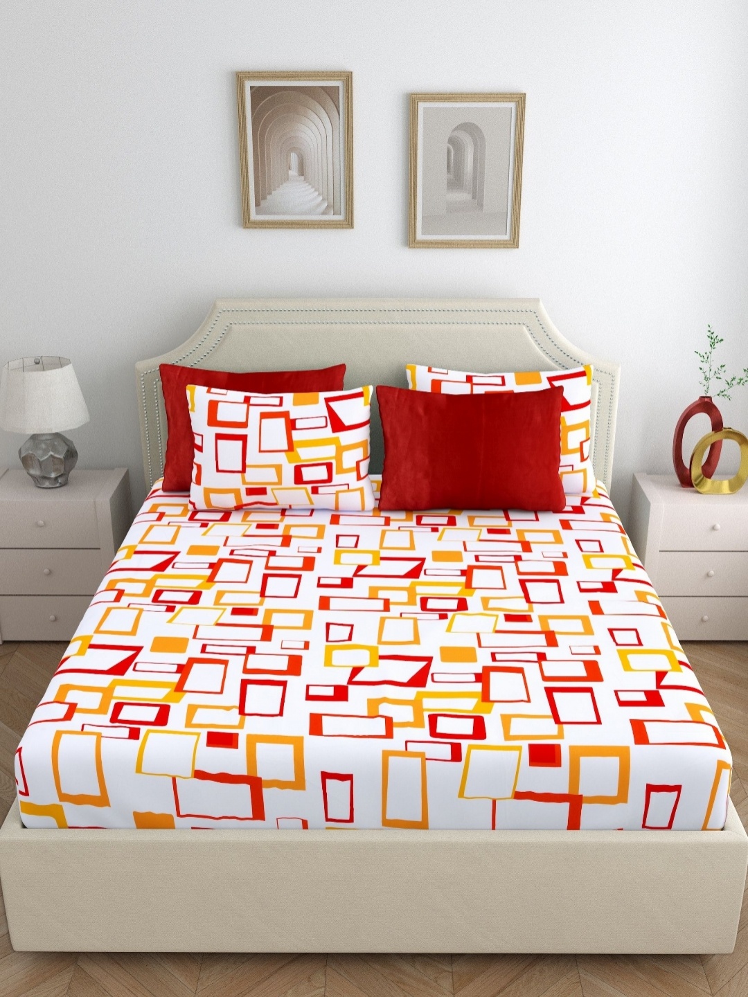 

Home Ecstasy White & Red Geometric Cotton 140 TC Queen Bedsheet with 4 Pillow Covers