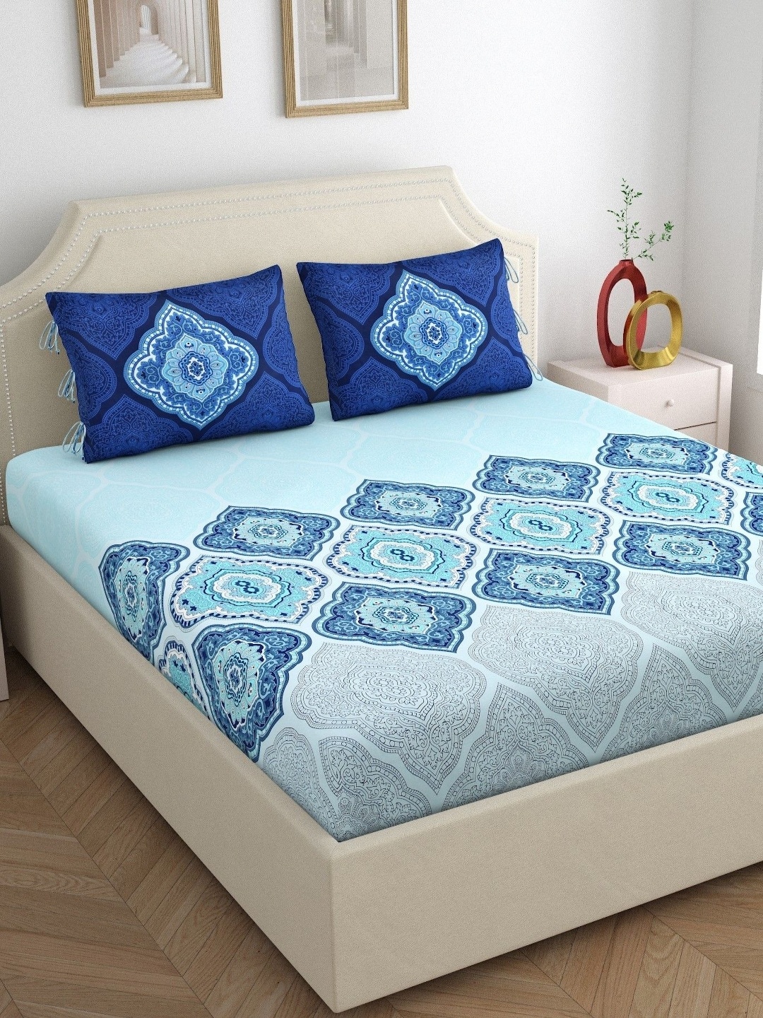 

Home Ecstasy Blue Ethnic Motifs 140 TC Pure Cotton Queen Bedsheet with 2 Pillow Covers