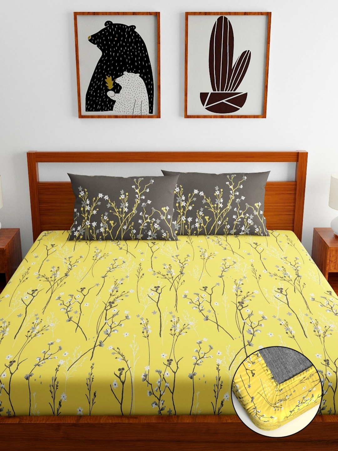 

Home Ecstasy Yellow & Grey Floral 140 TC Cotton Double King Bedsheet With 2 Pillow Covers