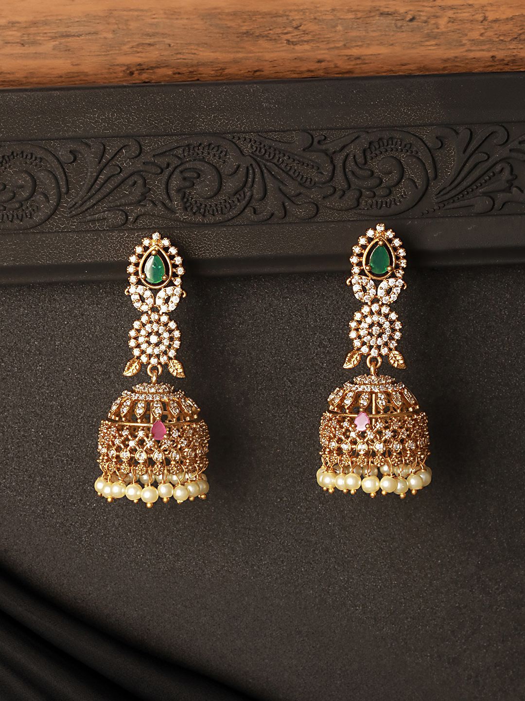 

Saraf RS Jewellery Gold-Plated Cubic Zirconia Studded Pearls Beaded Dome Shaped Jhumkas