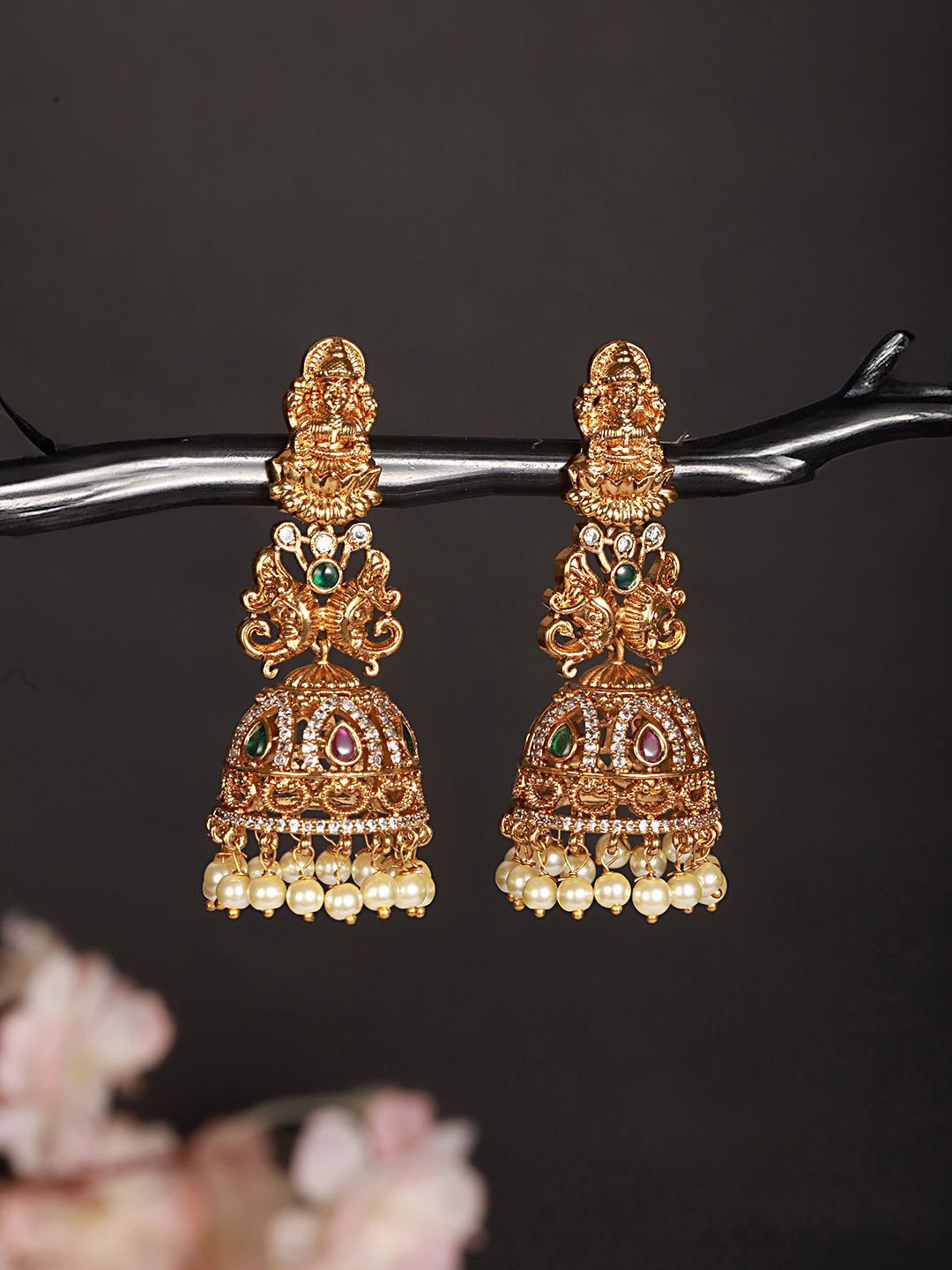 

Saraf RS Jewellery American Diamond Gold Plated Temple Jhumkas