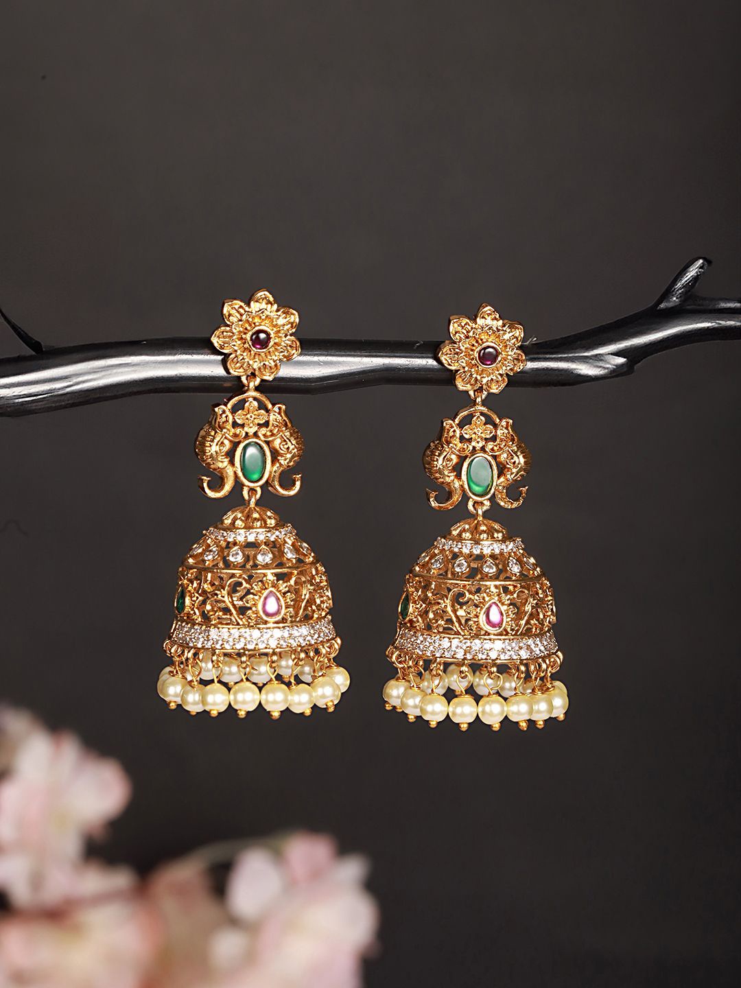 

Saraf RS Jewellery Gold-Plated Cubic Zirconia Pearl Contemporary Jhumkas