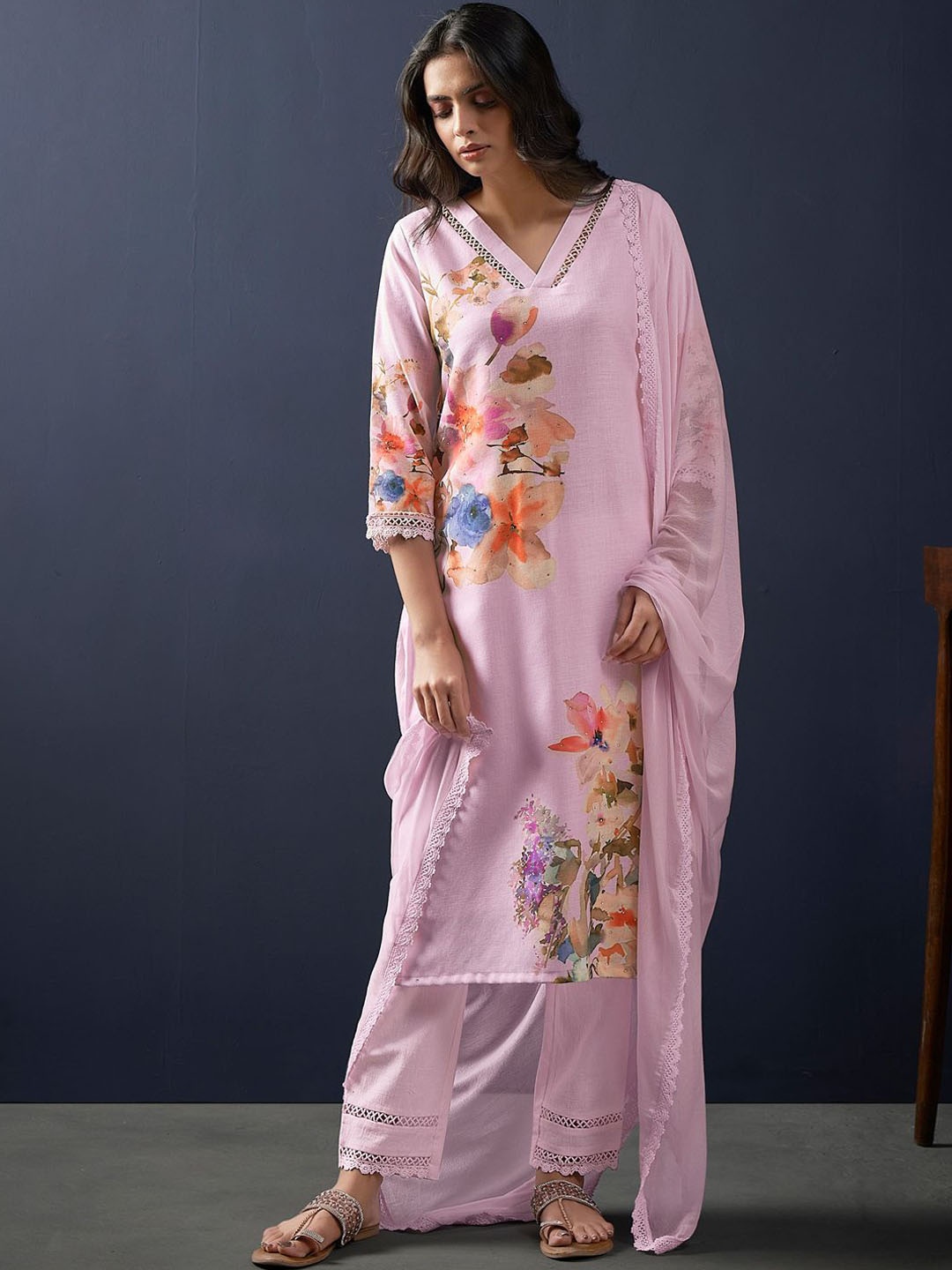 

Indo Era Floral Printed V-Neck Linen Straight Kurta With Trousers & Dupatta, Pink