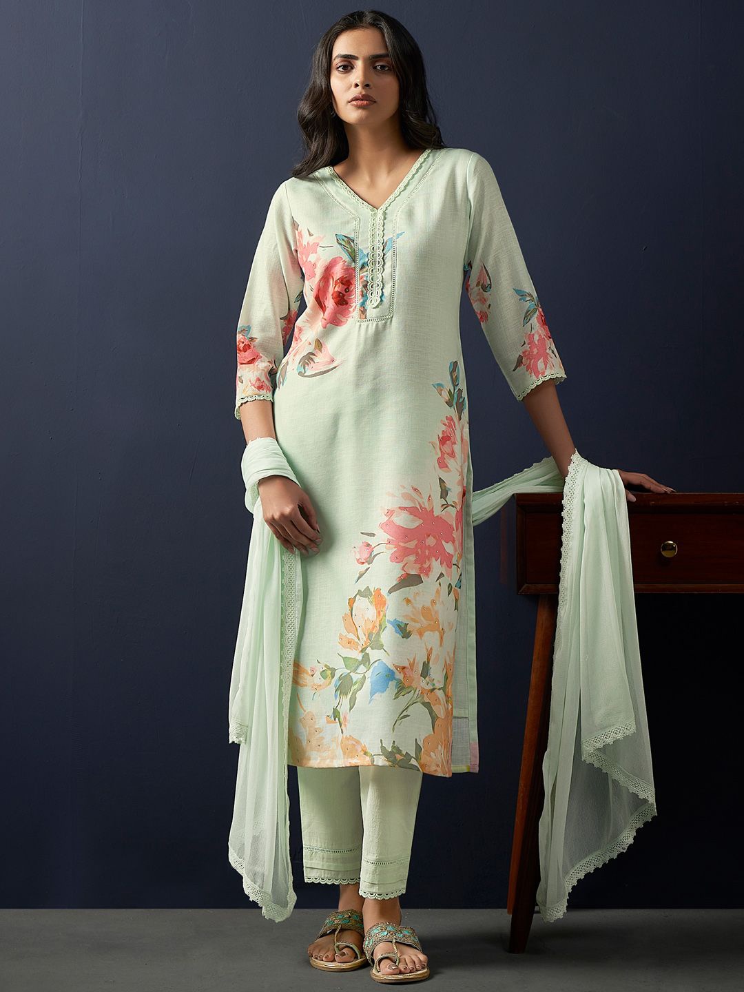 

Indo Era Floral Printed Regular Linen Straight Kurta With Trousers & Dupatta, Sea green