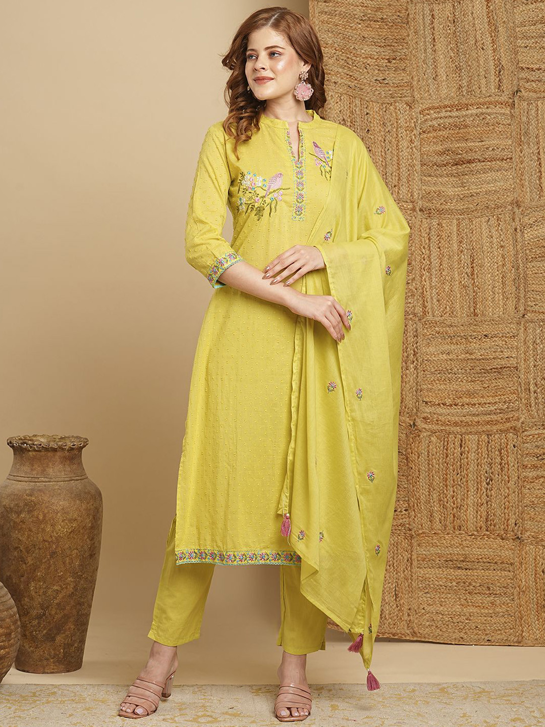 

FASHOR Embroidered Mandarin Collar Pure Cotton Straight Kurta With Trousers & Dupatta, Green
