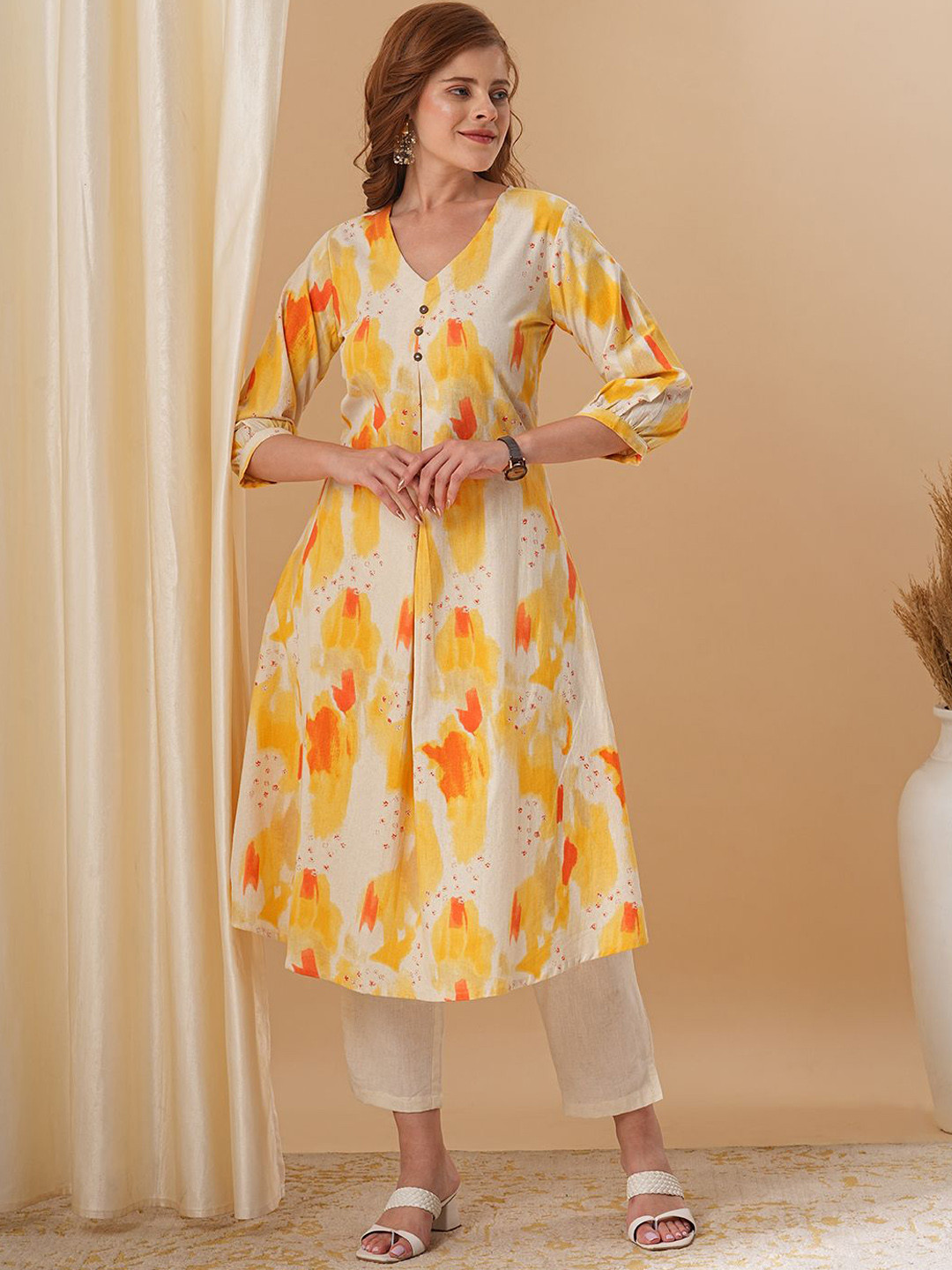

FASHOR Abstract Printed Pure Cotton A-Line Kurta With Trouser, Yellow