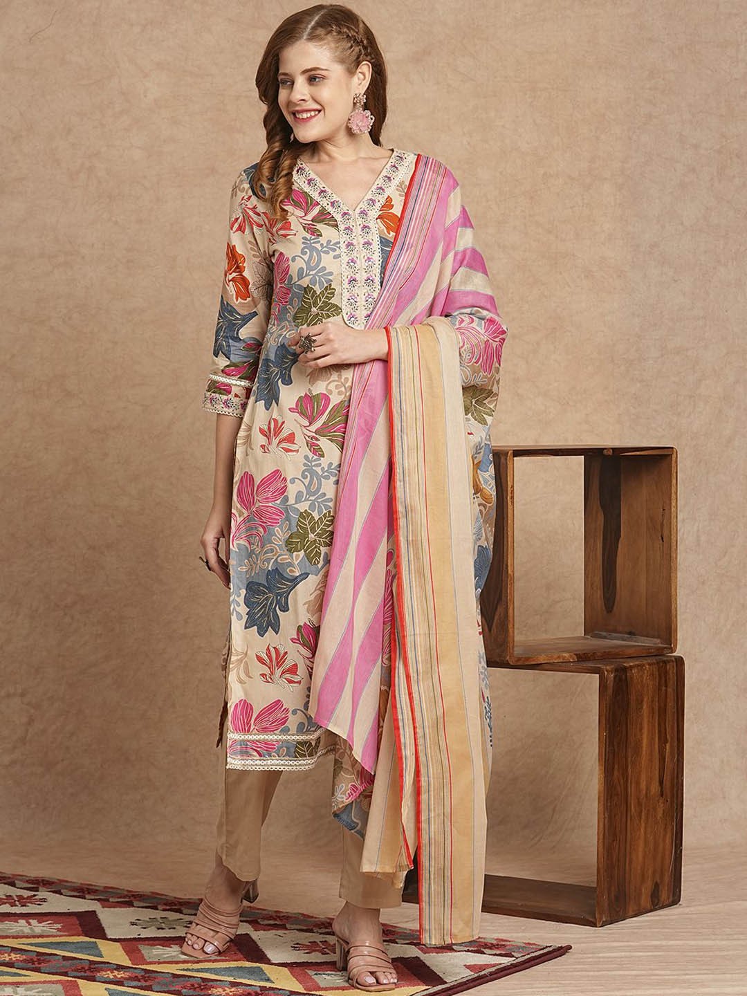 

FASHOR Floral Printed Straight Sequinned Pure Cotton Kurta with Trousers & Dupatta, Beige