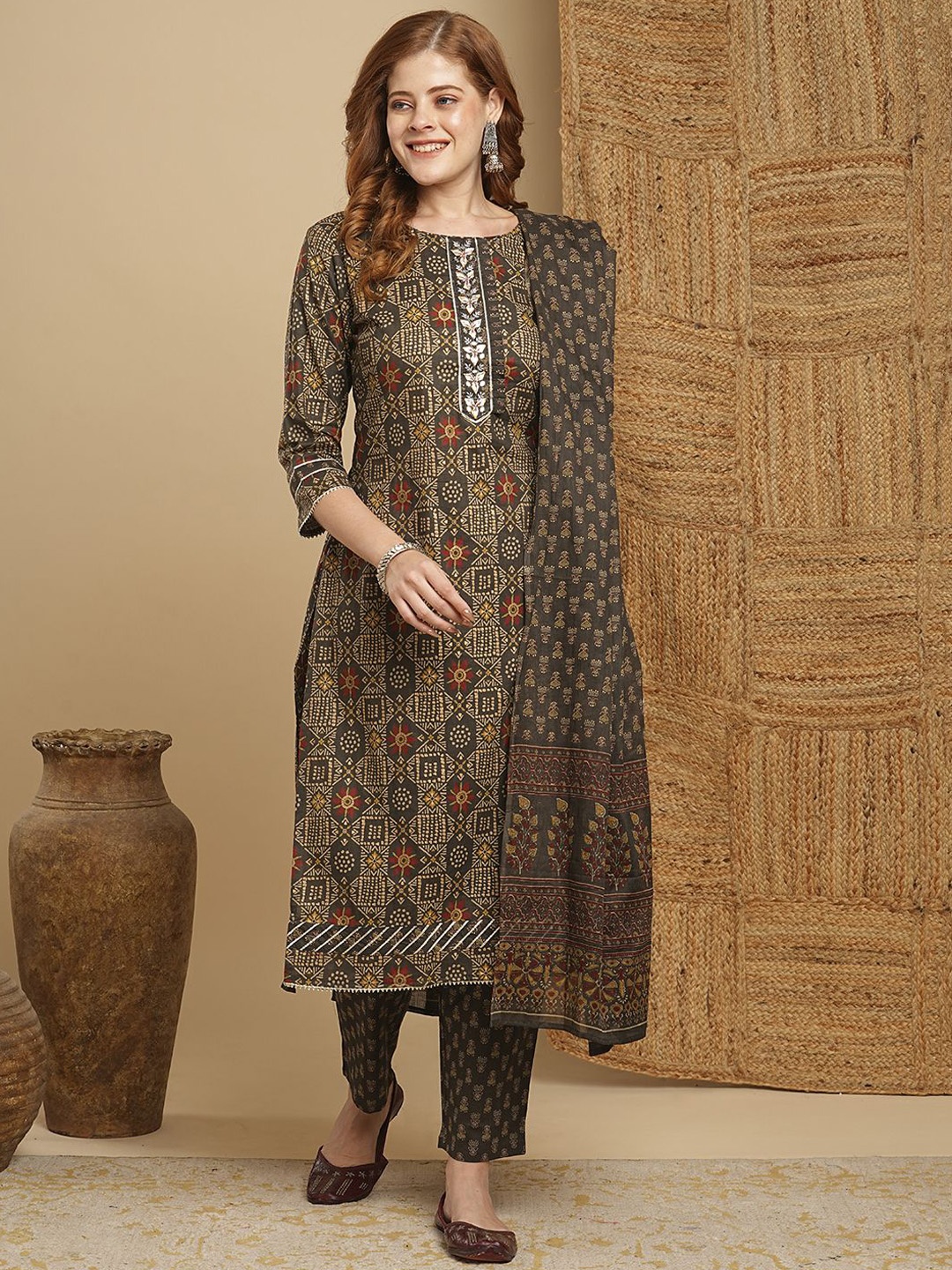 

FASHOR Floral Printed Straight Mirror Work Pure Cotton Kurta with Trousers & Dupatta, Grey