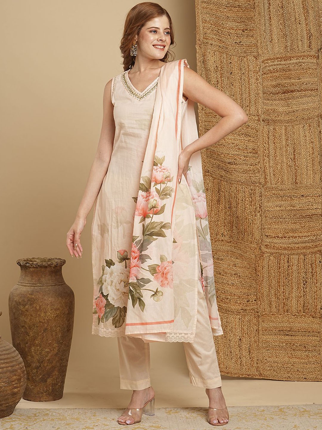 

FASHOR Cream Coloured Printed V-Neck Mirror Work Pure Cotton Kurta with Trousers & Dupatta