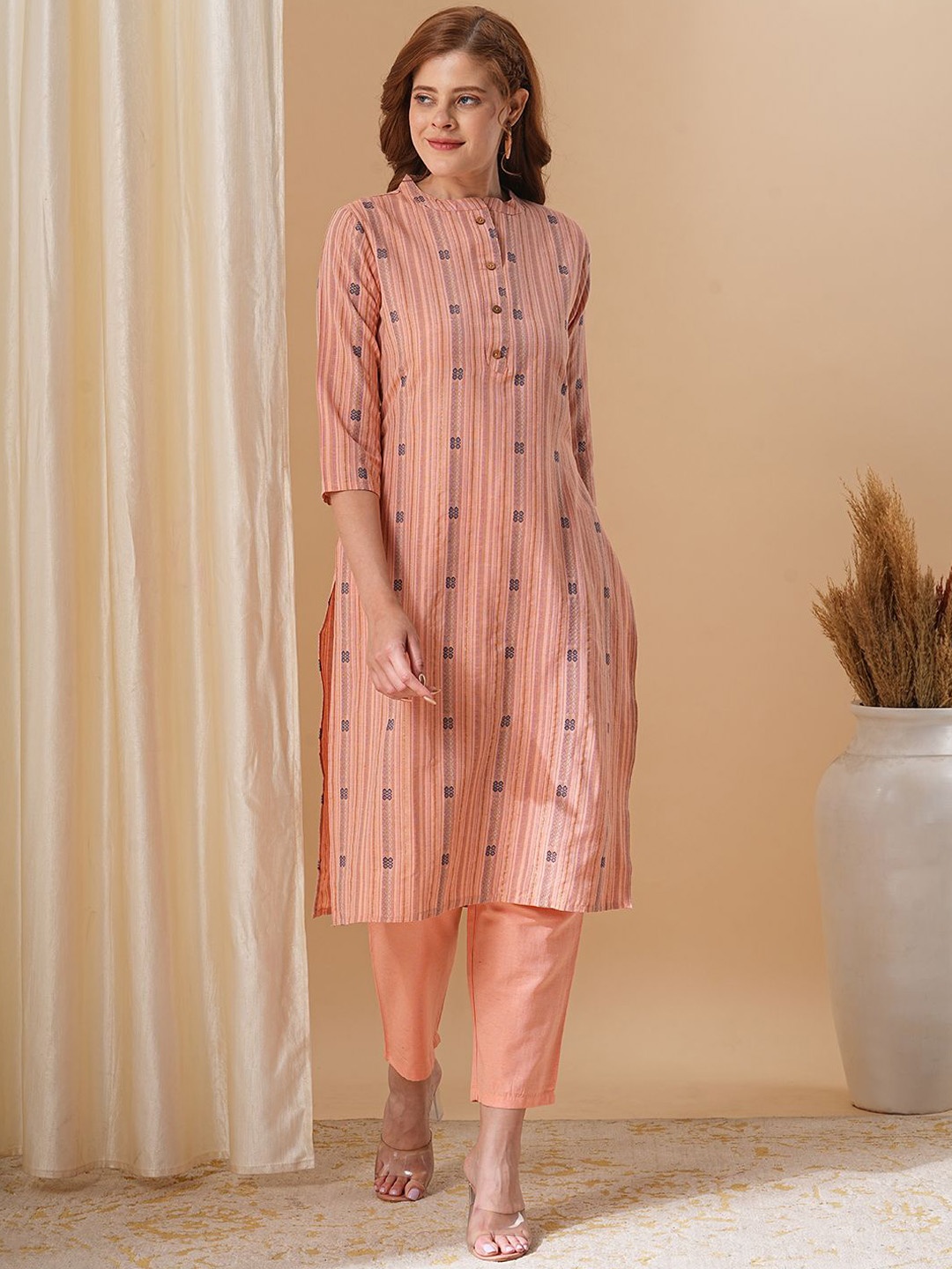 

FASHOR Geometric Woven Design Regular Pure Cotton Straight Kurta With Trousers, Peach