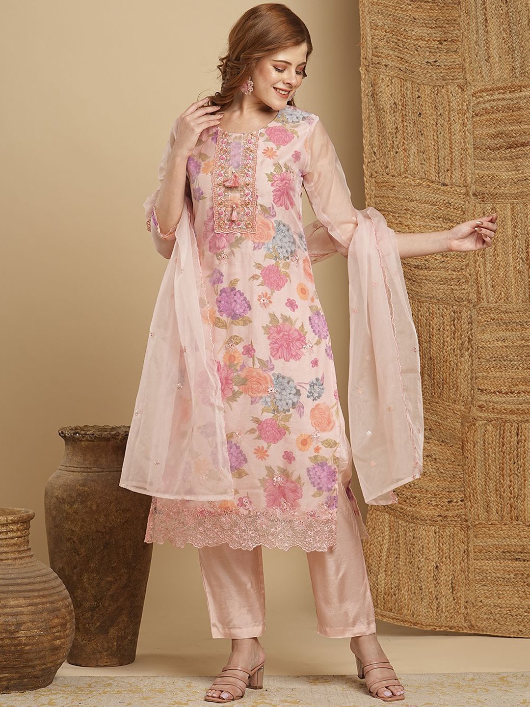 

FASHOR Floral Printed Regular Beads And Stones Kurta With Trousers & Dupatta, Pink