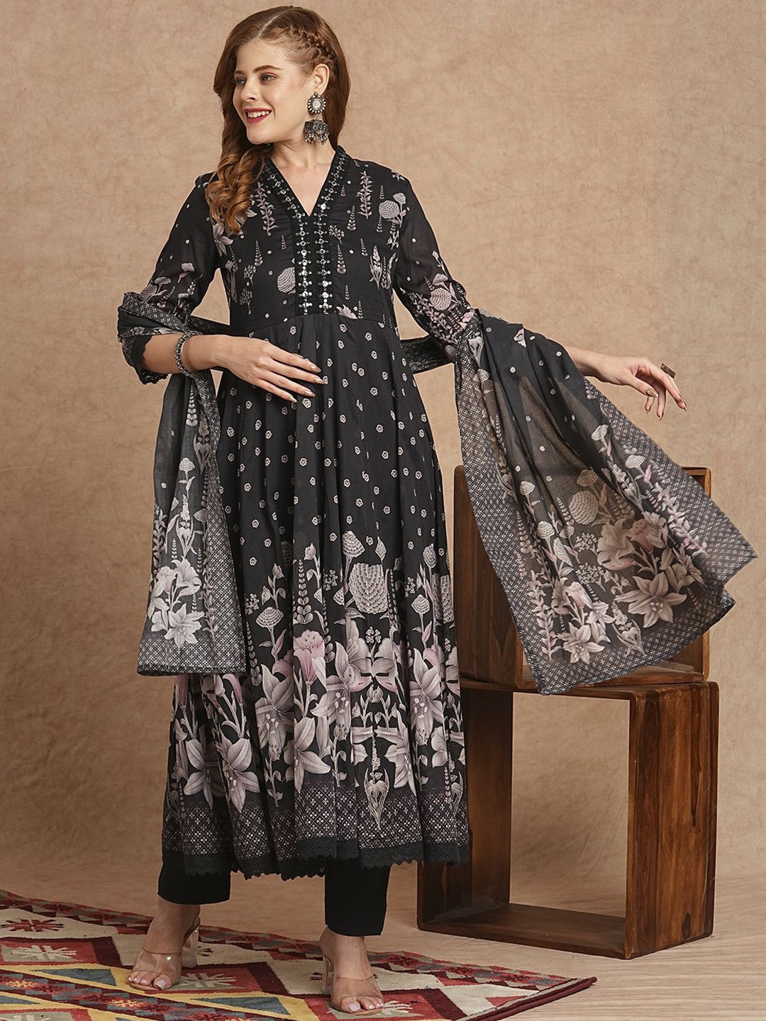 

FASHOR Black Printed V-Neck Mirror Work Pure Cotton Anarkali Kurta with Trousers & Dupatta