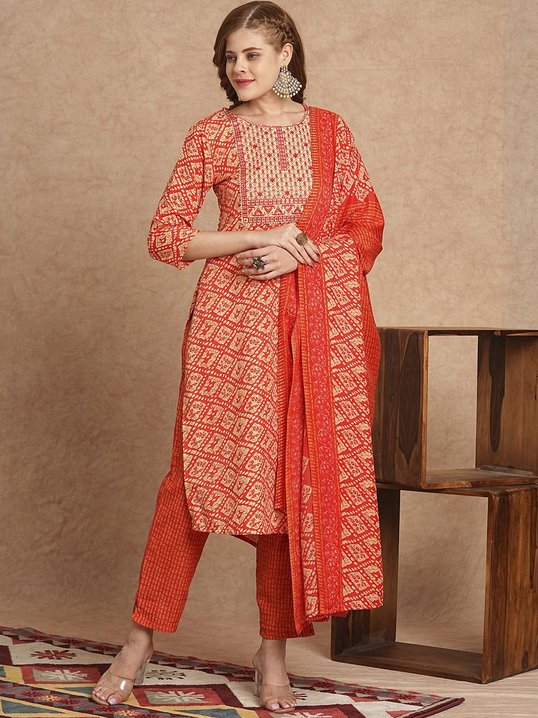 

FASHOR Ethnic Motifs Printed Sequinned Pure Cotton Straight Kurta With Trousers & Dupatta, Coral