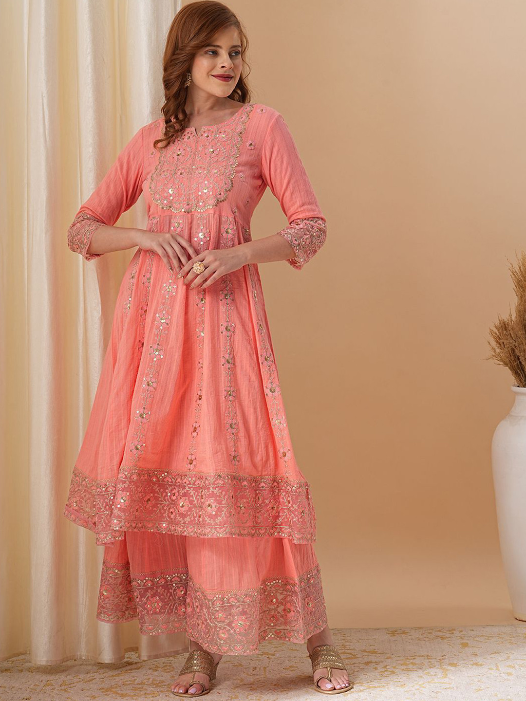 

FASHOR Floral Embroidered Sequinned Pure Cotton A-Line Kurta With Palazzos & Dupatta, Peach