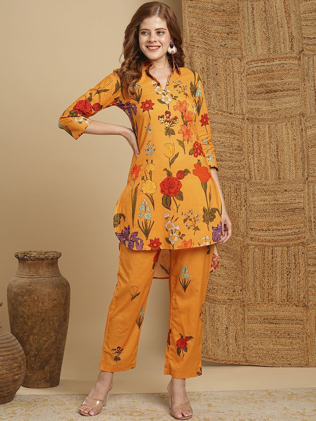 

FASHOR Floral Printed Shirt Collar Pure Cotton Straight Kurta With Trouser, Orange