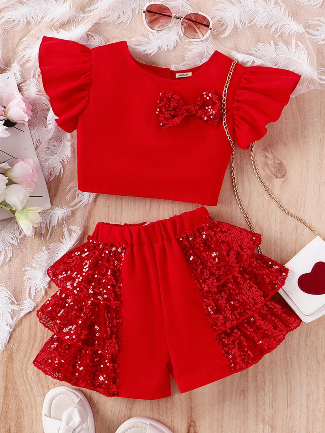 

INCLUD Flutter Sleeve Top & Shorts Set, Red