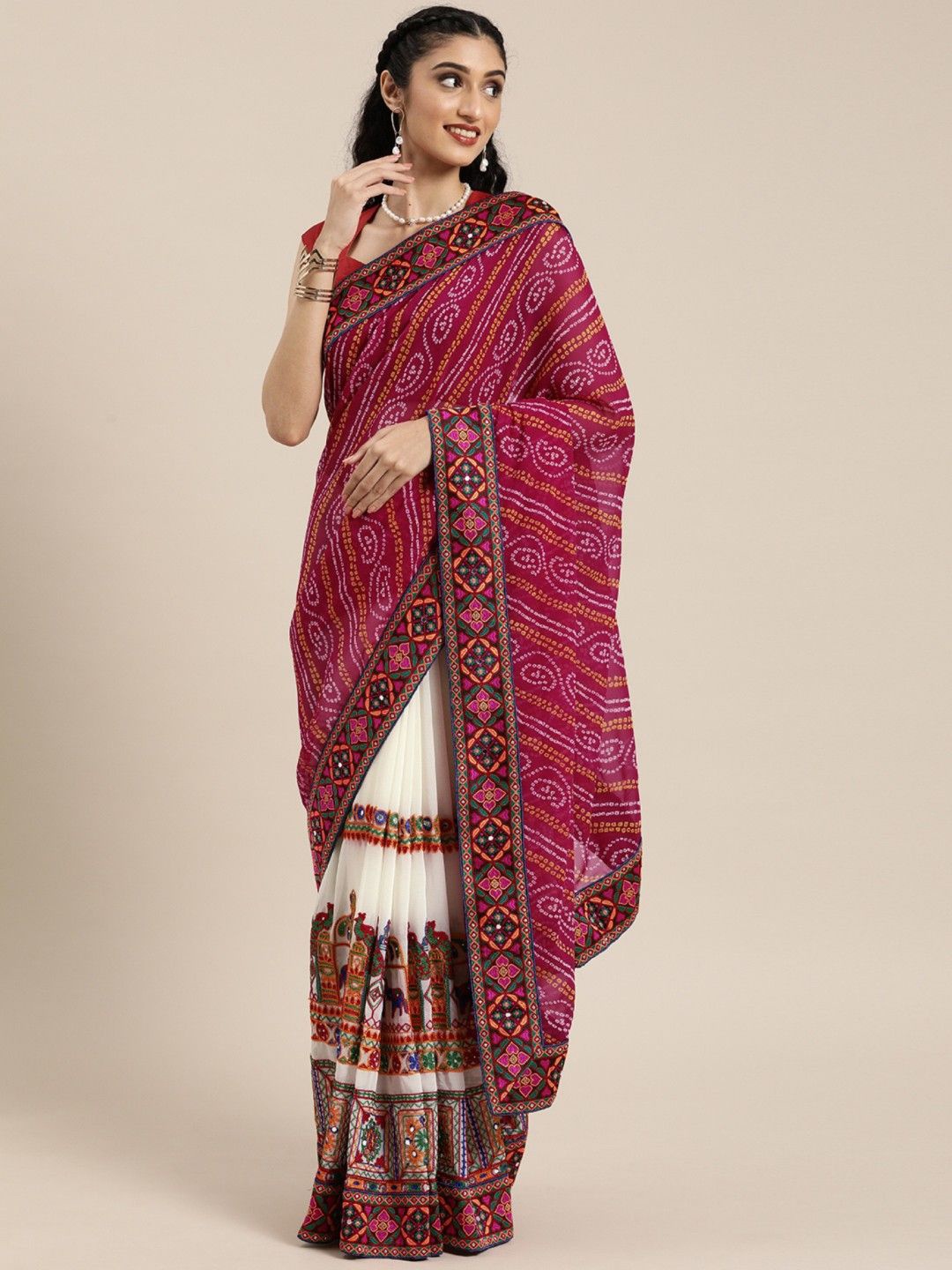 

KAVINDI Bandhani Embroidered Pure Georgette Half and Half Bandhani Saree, Pink