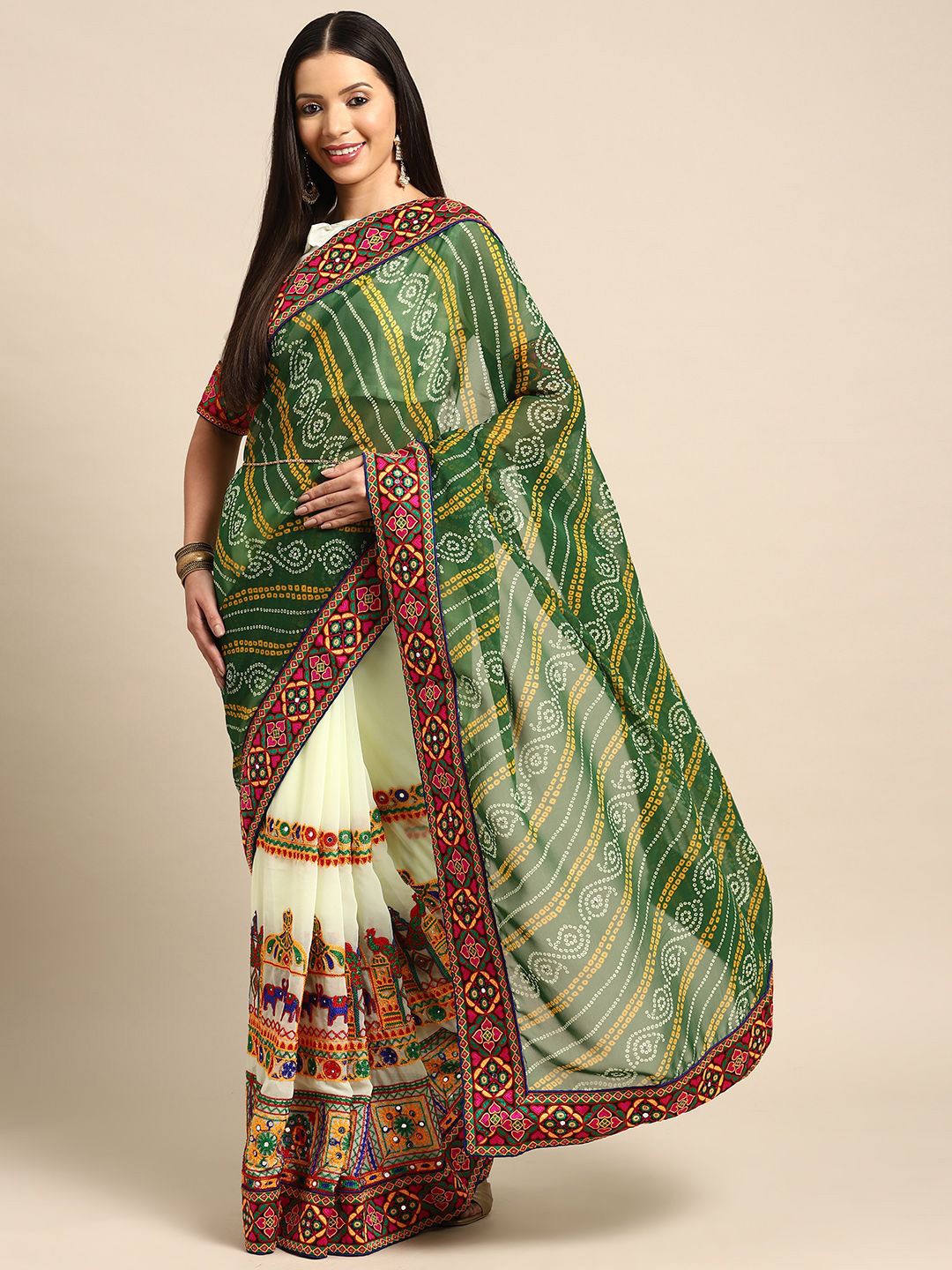 

KAVINDIKutchi Embroidery Pure Georgette Half and Half Bandhani Saree, Green