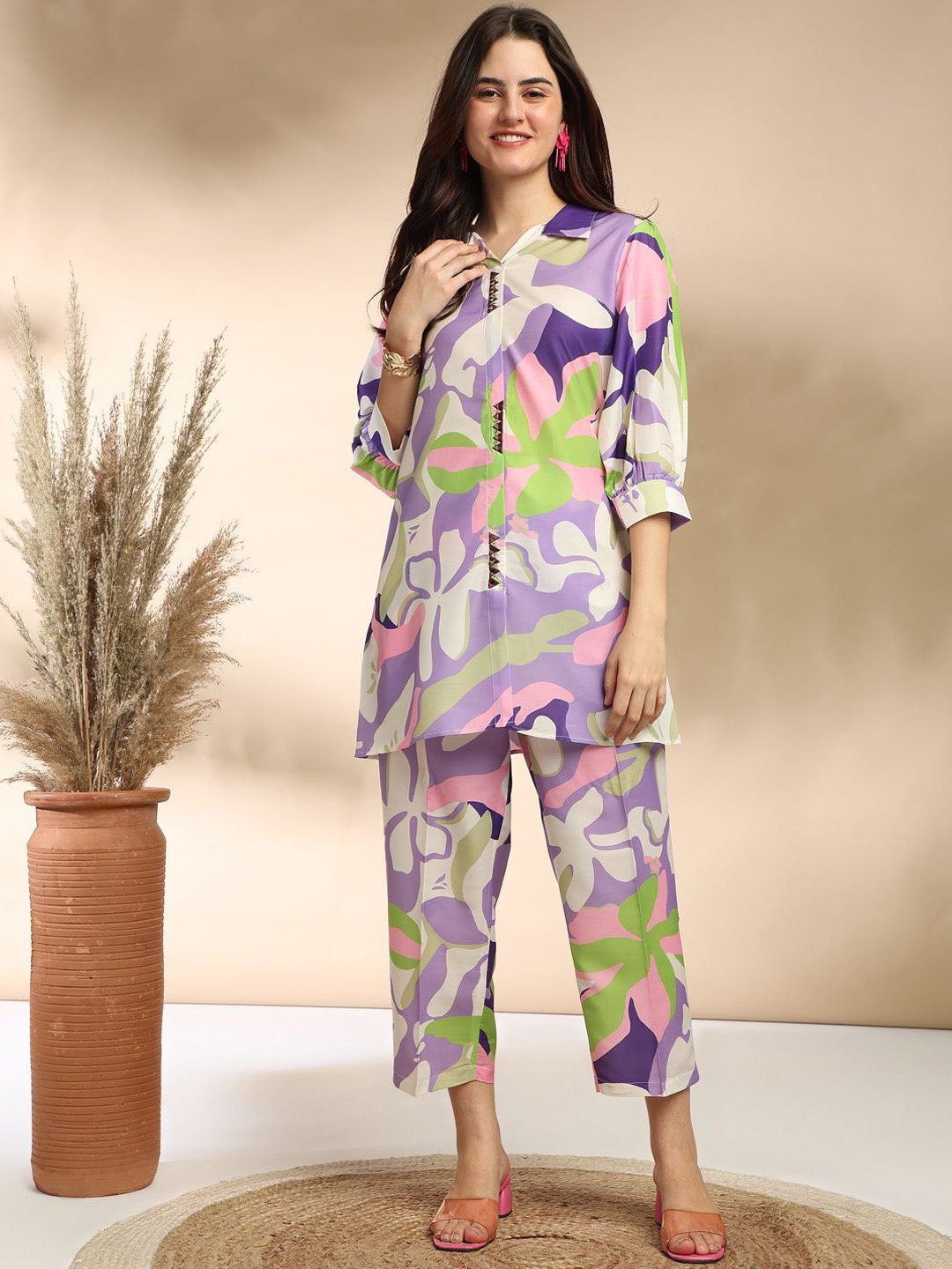 

J Turritopsis Printed Embroidered Top With Palazzo Co-Ords, Violet