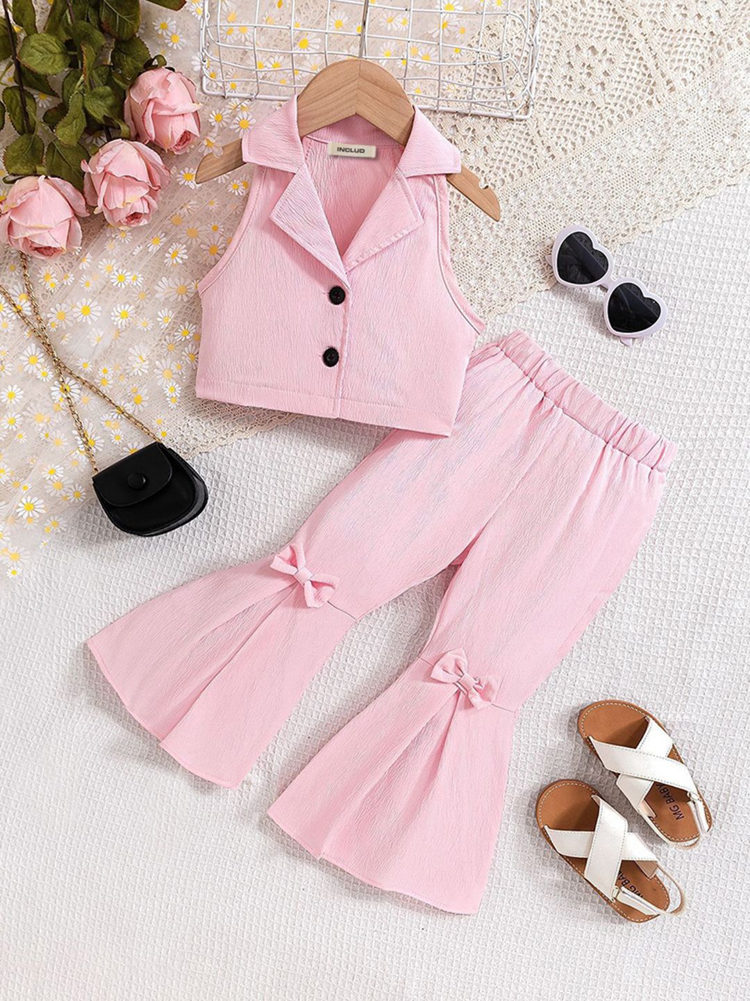 

INCLUD Girls Sleeveless Crop Shirt with Trousers, Pink